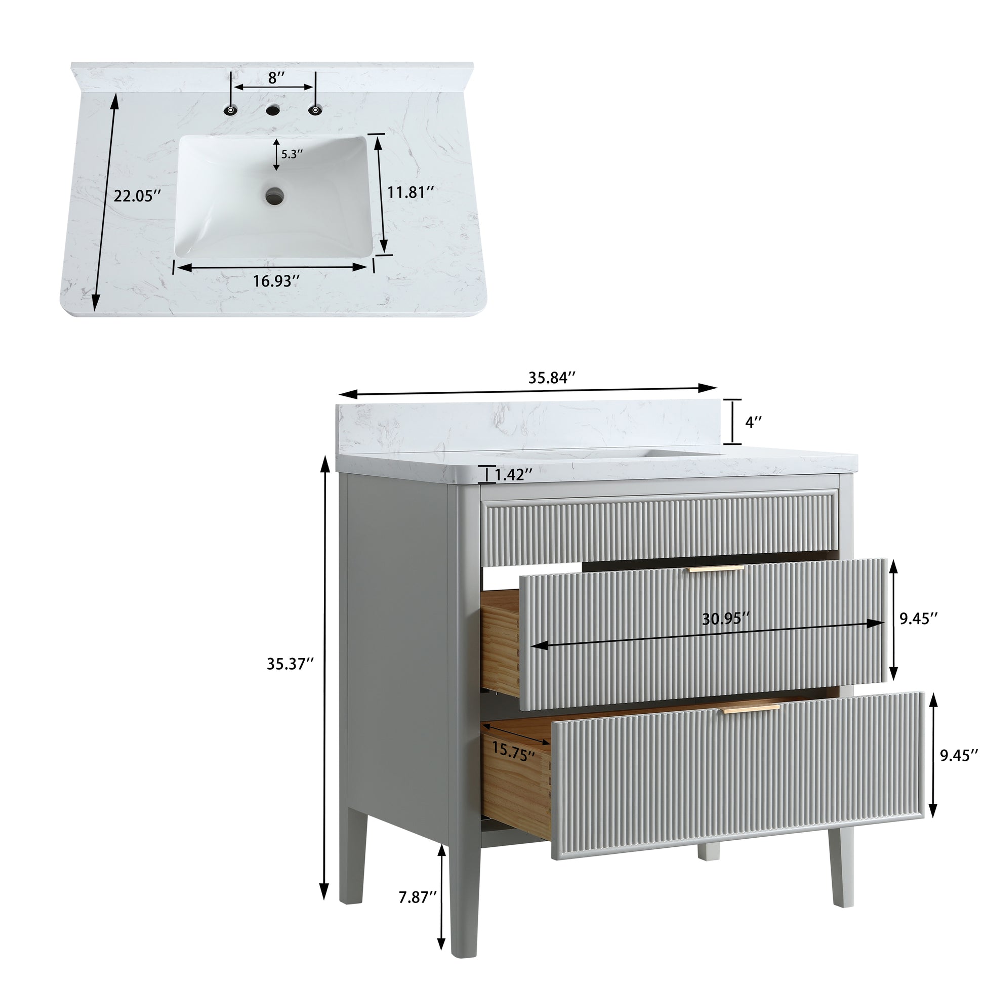 30"/36"/48" Freestanding Single Sink Bathroom Vanity with Solid Wood Construction & Marble Top