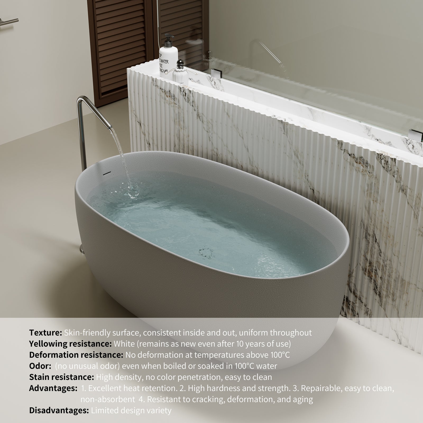51" Freestanding Stone Resin Soaking Tub with One-Side Overflow, Turquoise Green/Beige/Cream Grey/Grey