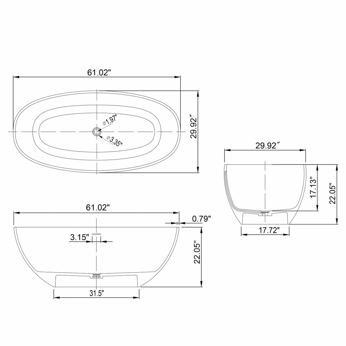 61" Small Artificial Stone Solid Surface Freestanding Bathtub