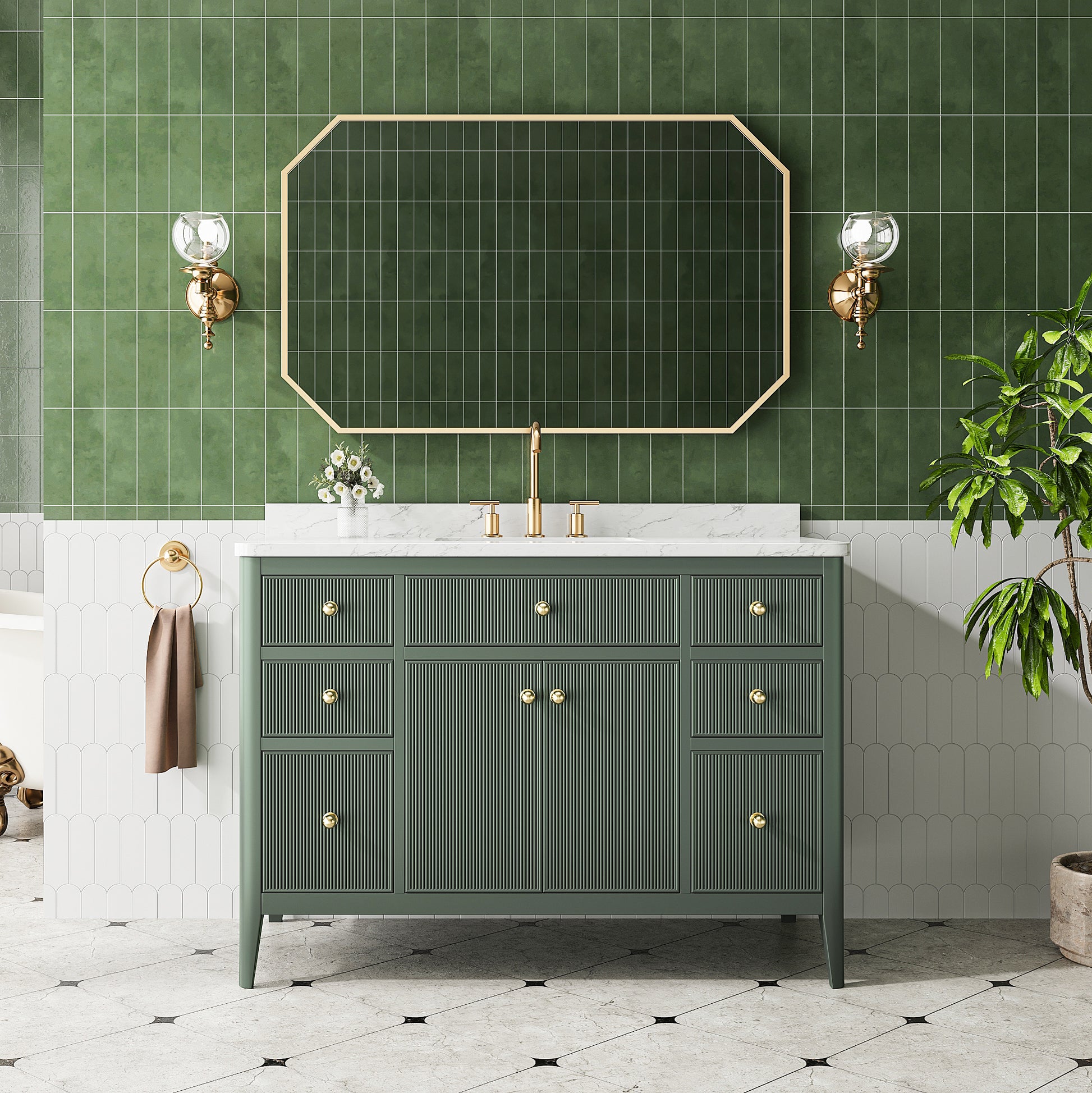 30"/36"/48" Freestanding Single Sink Bathroom Vanity with Solid Wood Construction & Marble Top