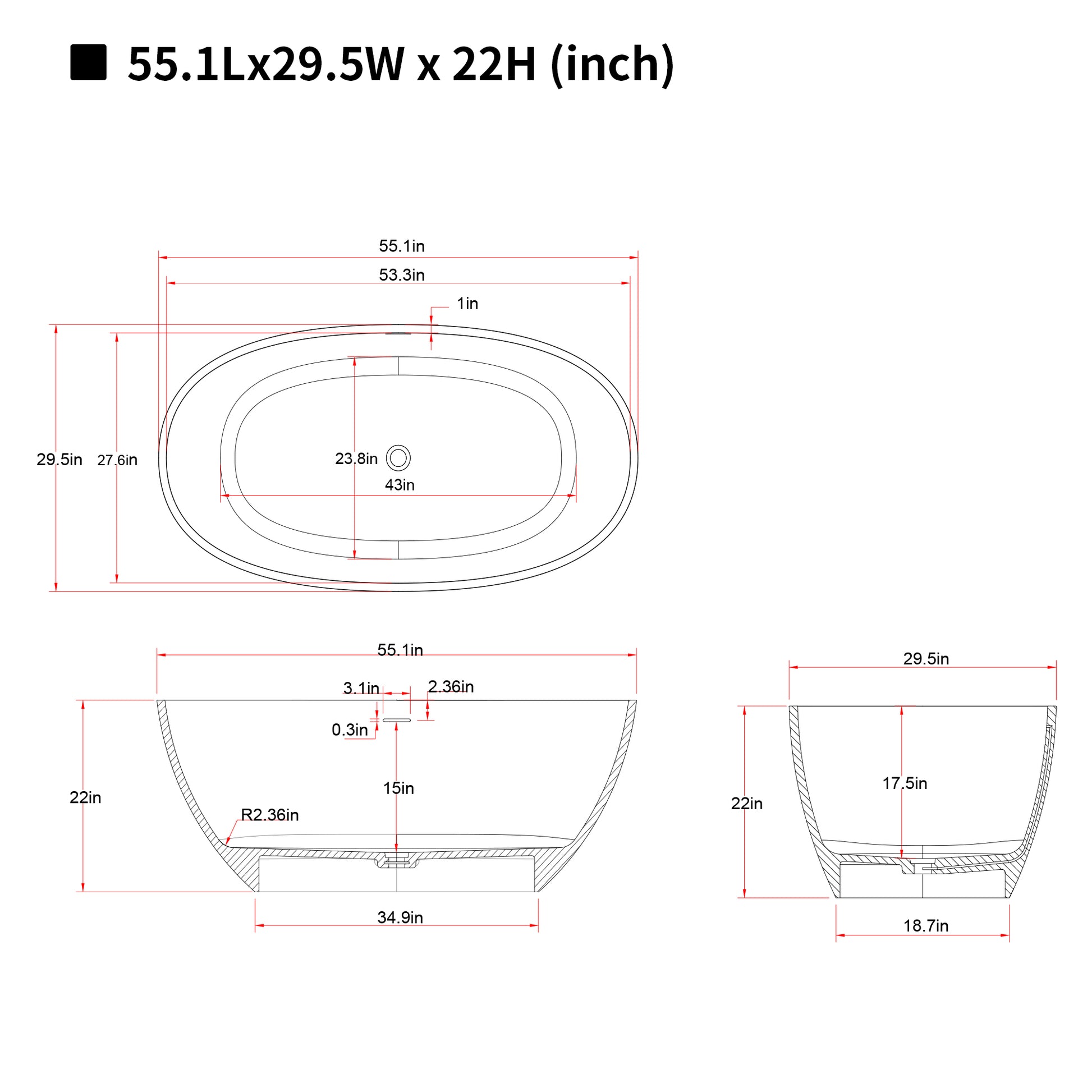55"/59"/63"/67" Cream Grey Stone Resin Freestanding Soaking Bathtub with Center Overflow and Drain