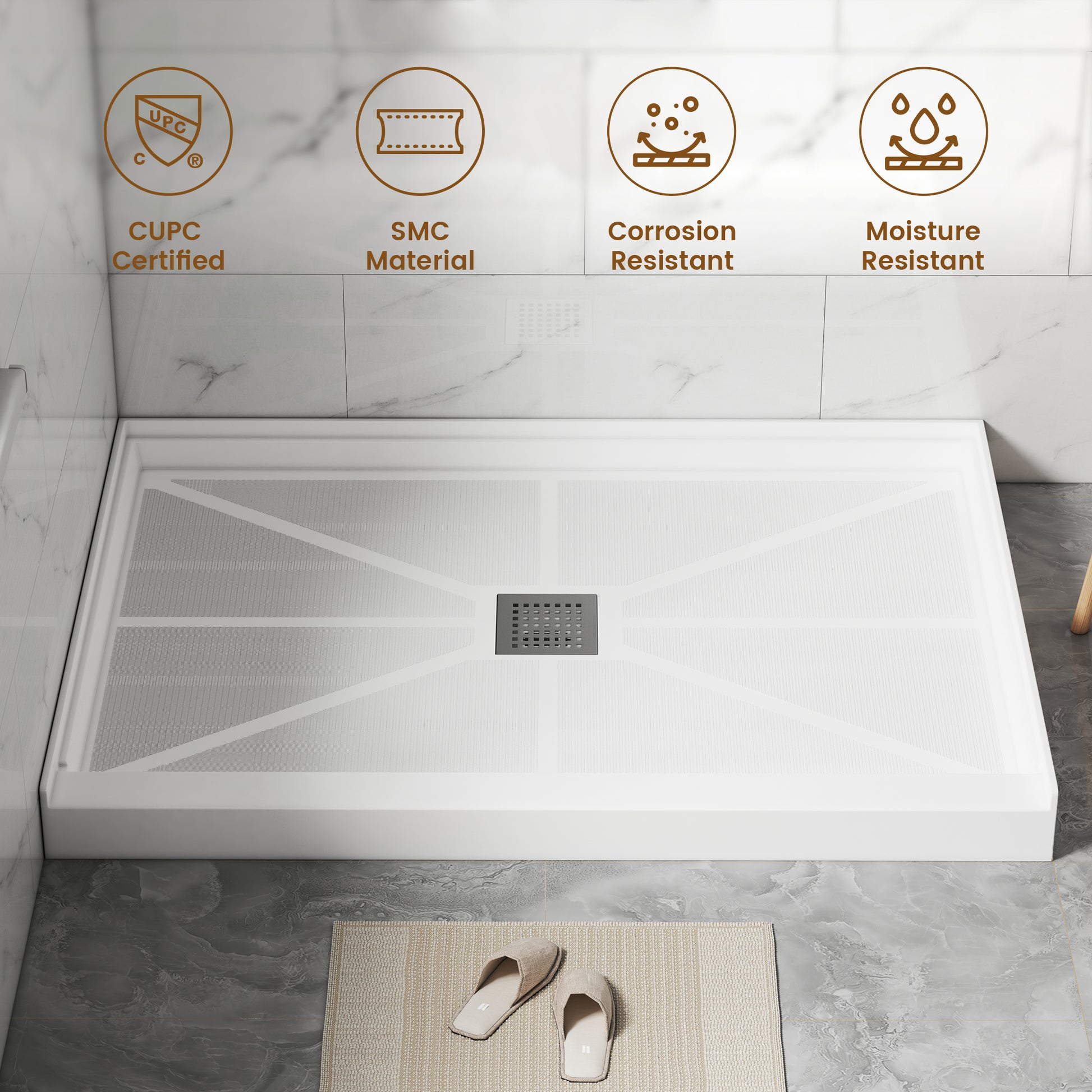 Rectangle SMC White Shower Pan Base with Center Drain