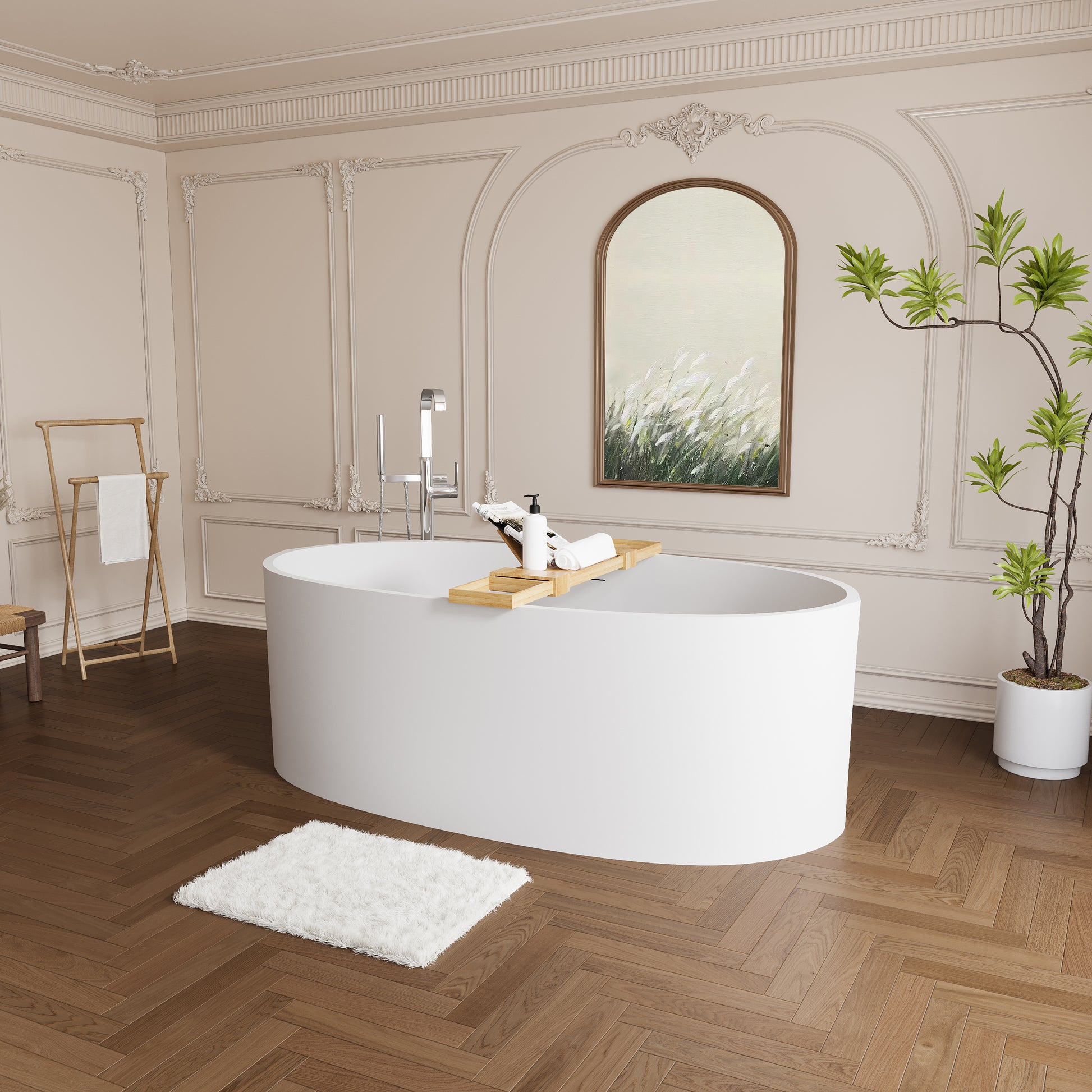 65" Modern Stone Resin Soaking Tub with Ergonomic Design & Copper Pop-Up Drain