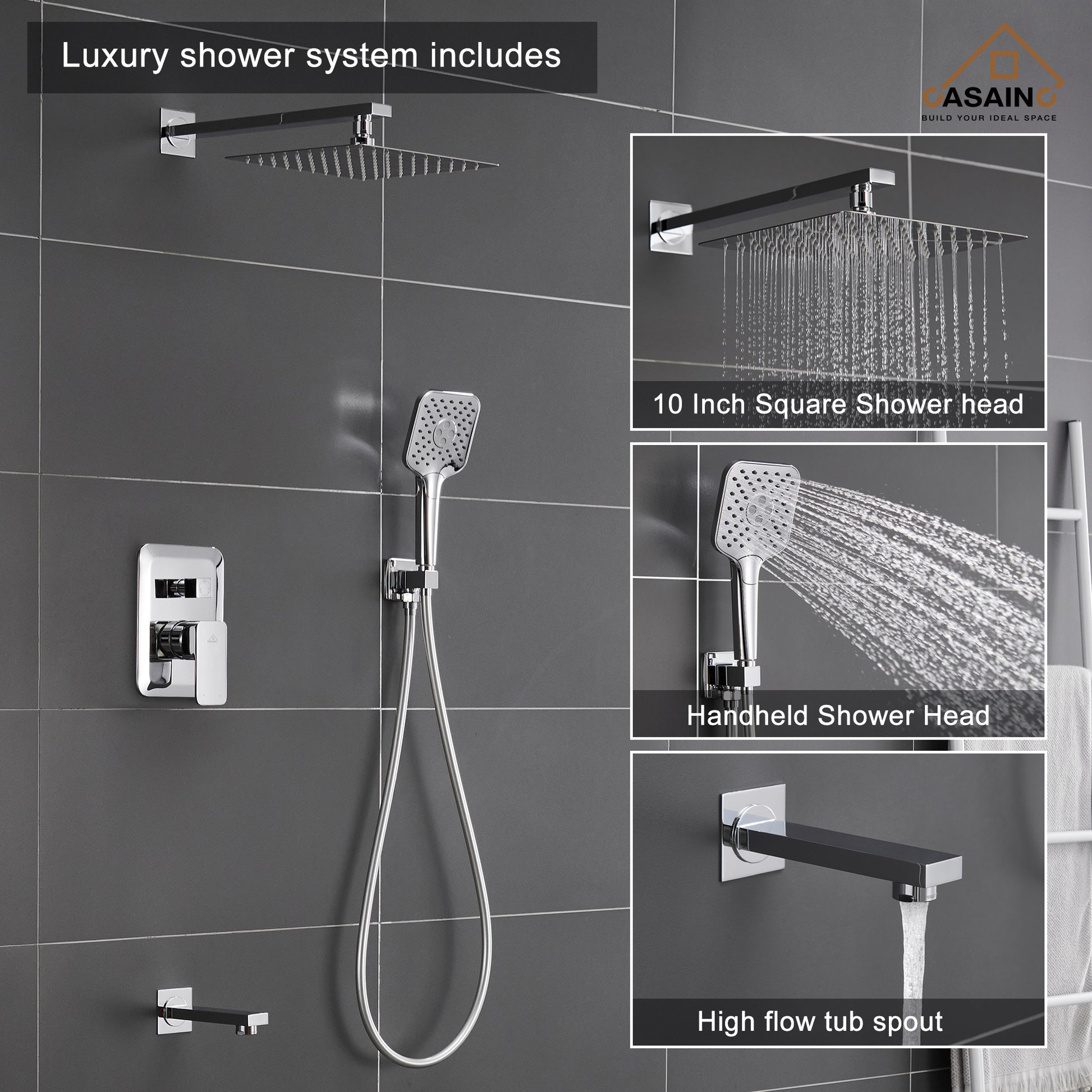 CASAINC 10 inch Square Wall-mounted rain shower faucet with pressure balanced valve