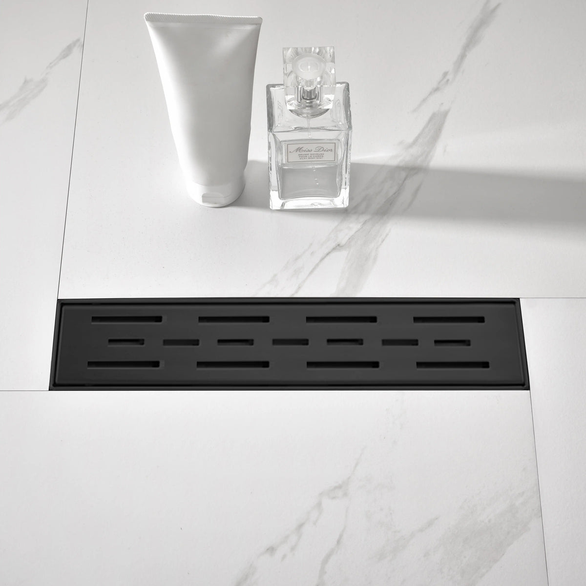 Linear Shower Drain with Brick Pattern Grate Cover and Hair Strainer in 304 Stainless Steel