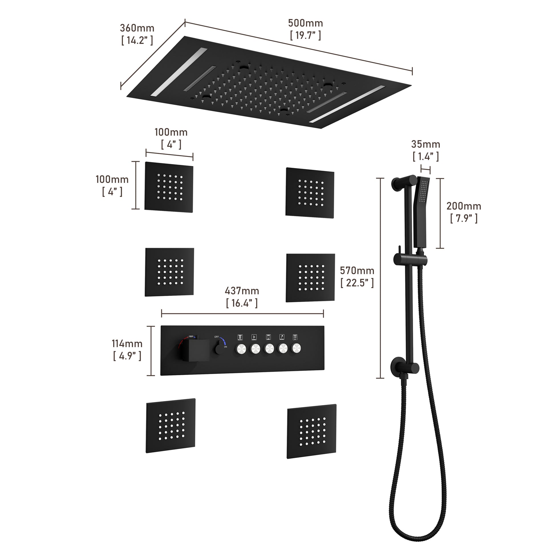 20*14 inch 5-Function Luxury Shower System with LED Lights and Slide Bar