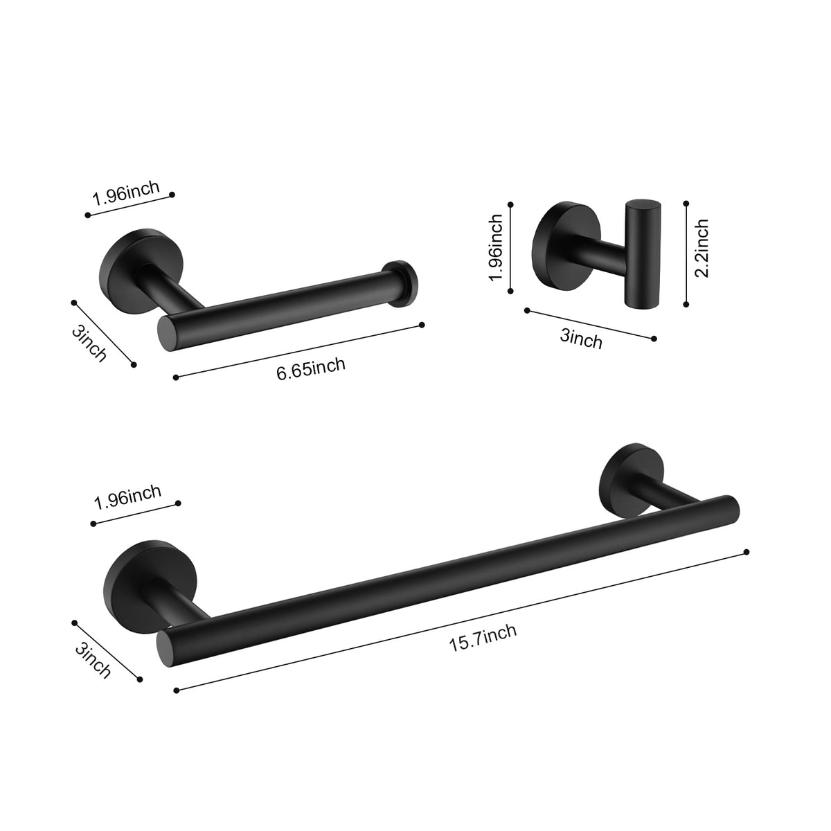 3-Piece Bathroom Hardware Accessories Set with Towel Bar Toilet Paper Holder & Robe Hook