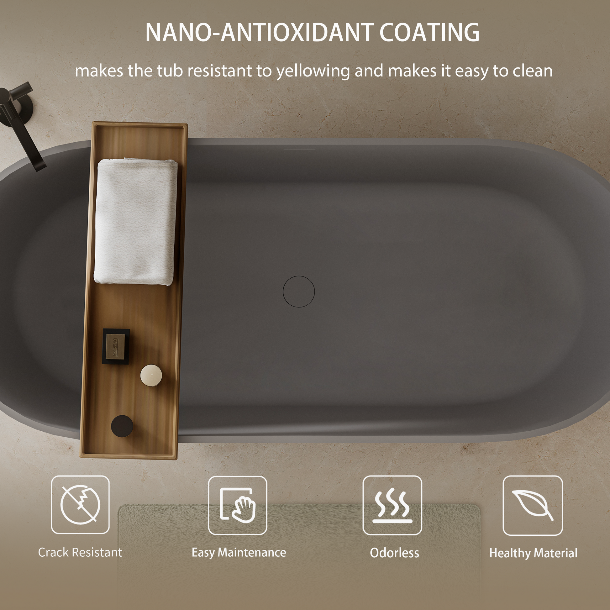 63" Engineered Stone Resin Freestanding Soaking Bathtub with Overflow and Pop-up Drain