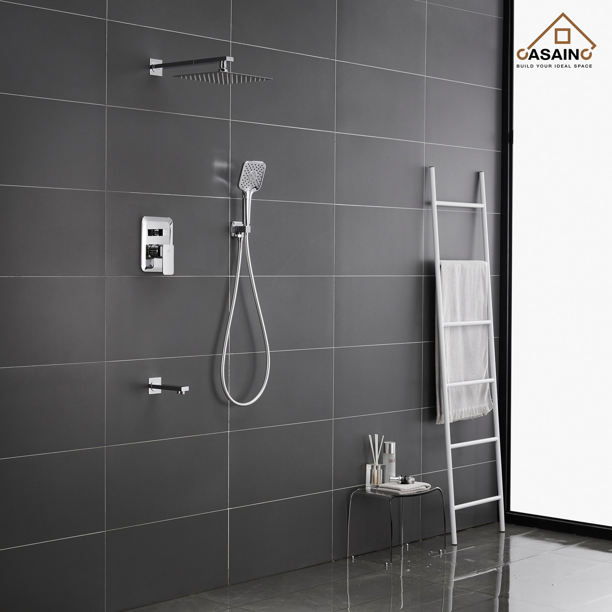 CASAINC 10 inch Square Wall-mounted rain shower faucet with pressure balanced valve
