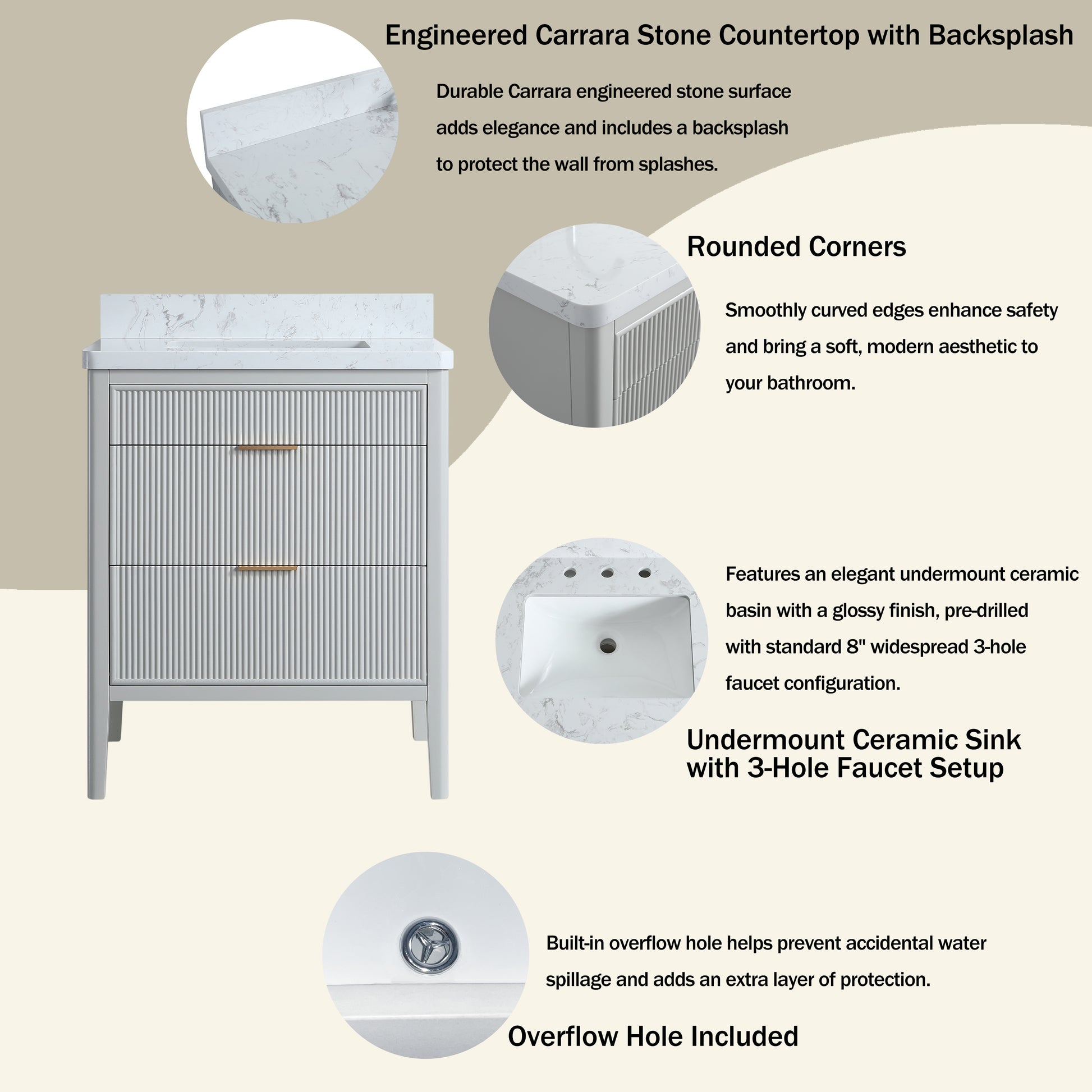 30"/36"/48" Freestanding Single Sink Bathroom Vanity with Solid Wood Construction & Marble Top