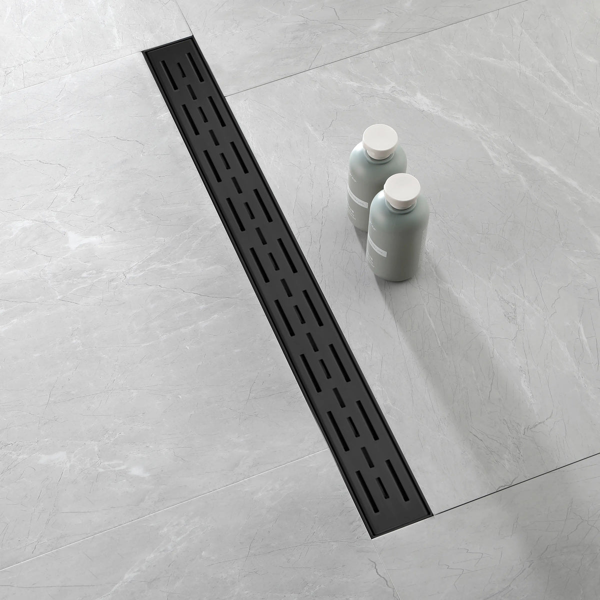 Linear Shower Drain with Brick Pattern Grate Cover and Hair Strainer in 304 Stainless Steel