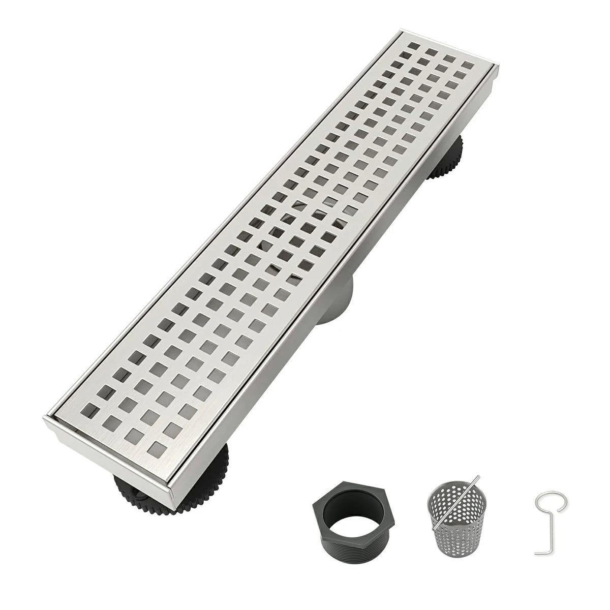 Linear Shower Drain with Removable Patterned Grate Cover Hair Strainer and Leveling Feet