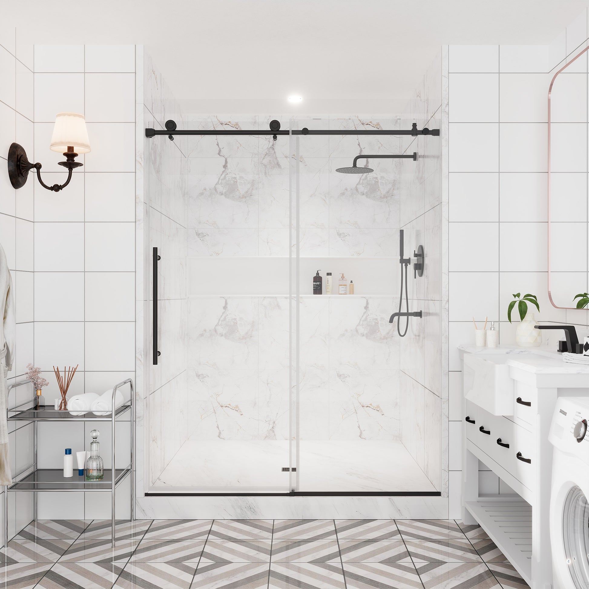 60"x76" Single Sliding Frameless Shower Door in Matte Black/Brushed Nickel/Chrome, Stainless Steel Wheels featuring an Anti-Skid Design