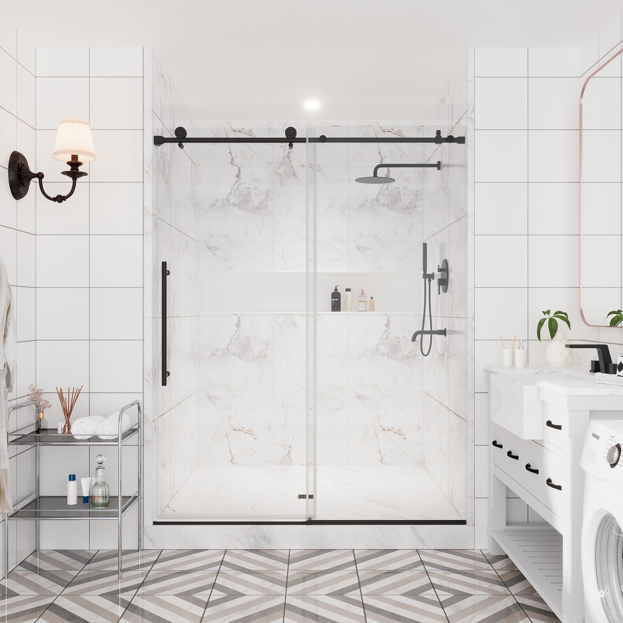 60"x76" Single Sliding Frameless Shower Door in Matte Black/Brushed Nickel/Chrome, Stainless Steel Wheels featuring an Anti-Skid Design