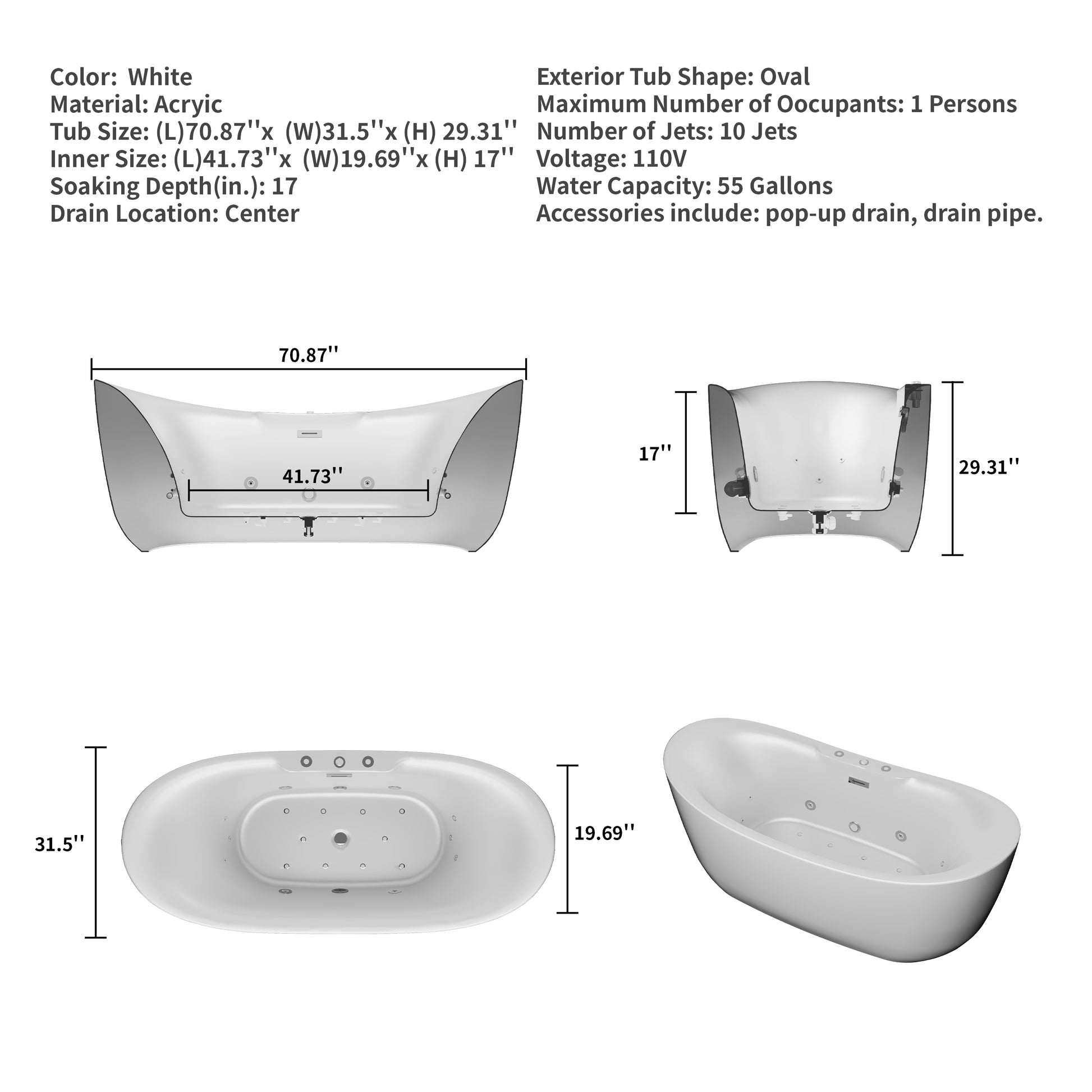 CasaCrylic 71" Freestanding Oval Whirlpool Baths with Water Jets & Chromotherapy Lights