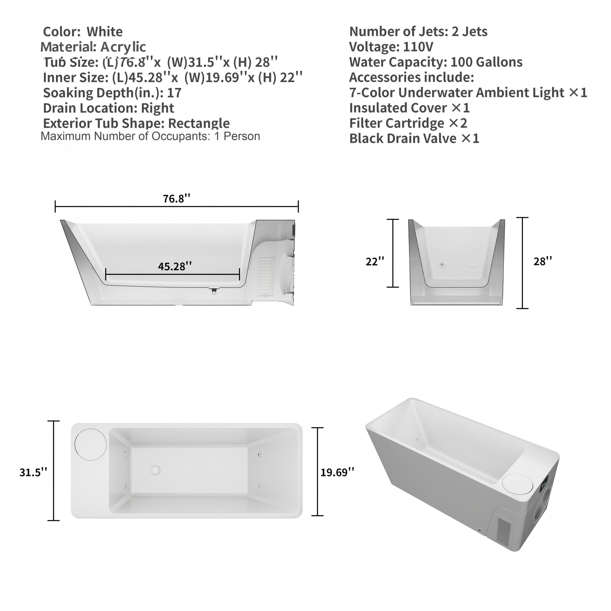 77" Luxury All-in-One Smart Recovery Ice Bath Cold Plunge Tub with Built-In 1HP Chiller