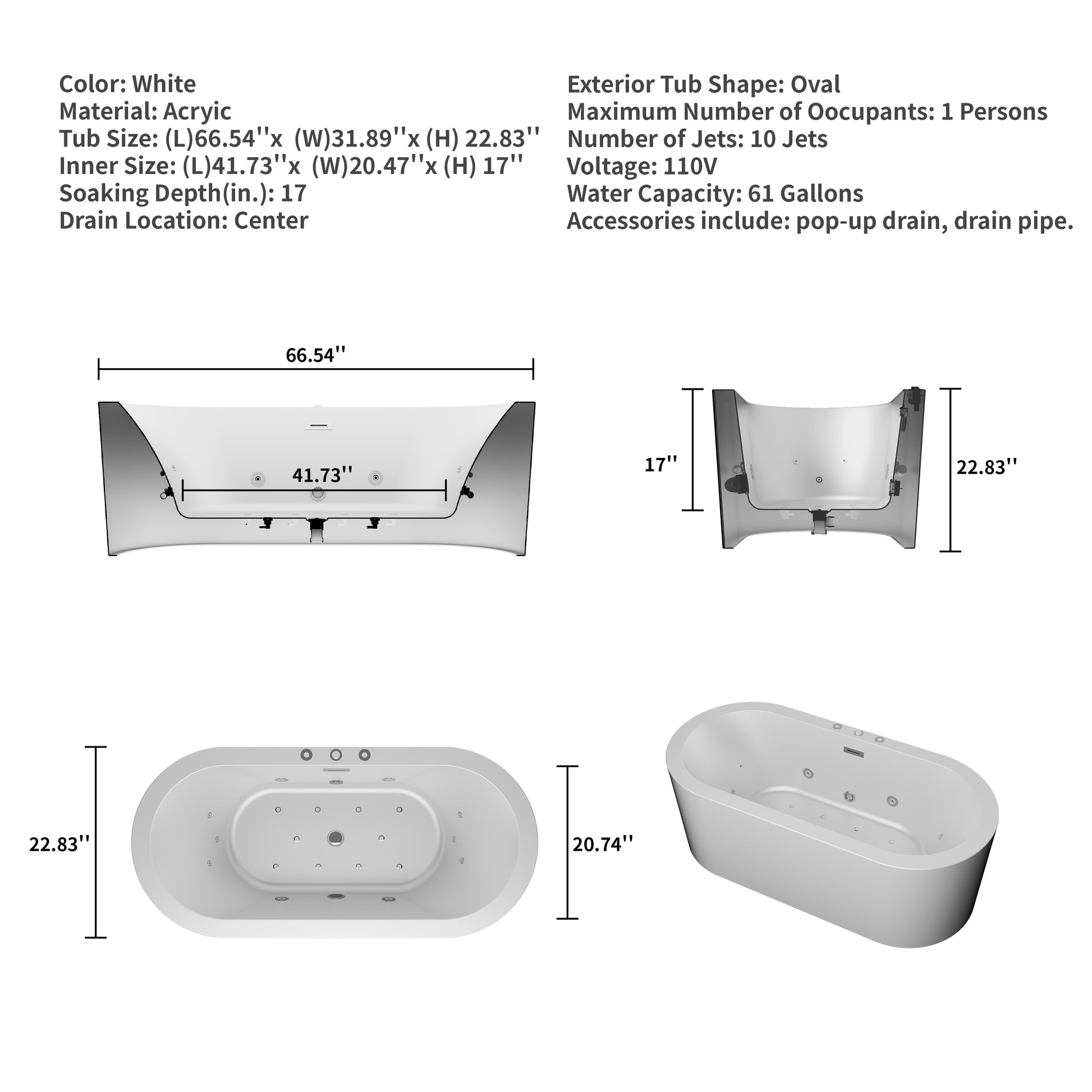 CasaCrylic 67" Luxury Freestanding Oval Whirlpool Baths with Dual Jet Therapy & Chromotherapy Lighting