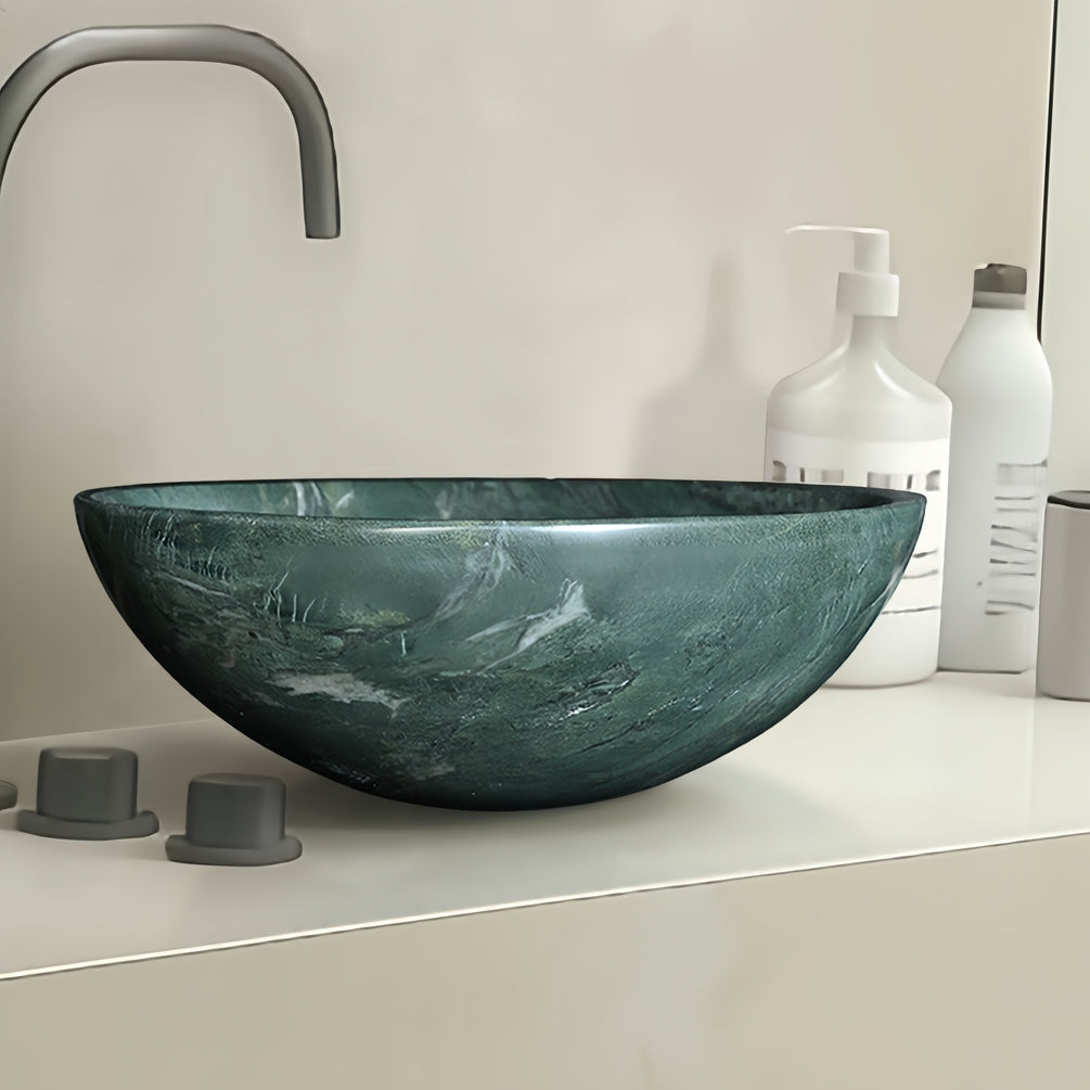 15.7" Polished Natural Marble Round Vessel Sink for Bathroom Countertops in Beige Gold/White Natural/Gray/Green