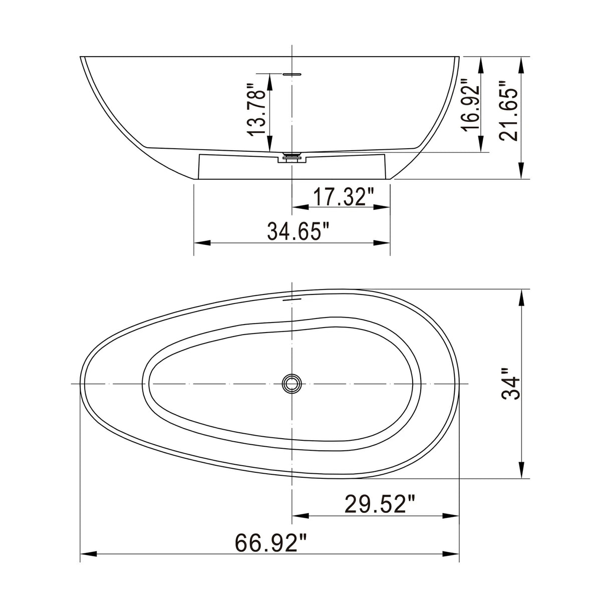 67" Freestanding Solid Surface Soaking Bathtub in Matte Black