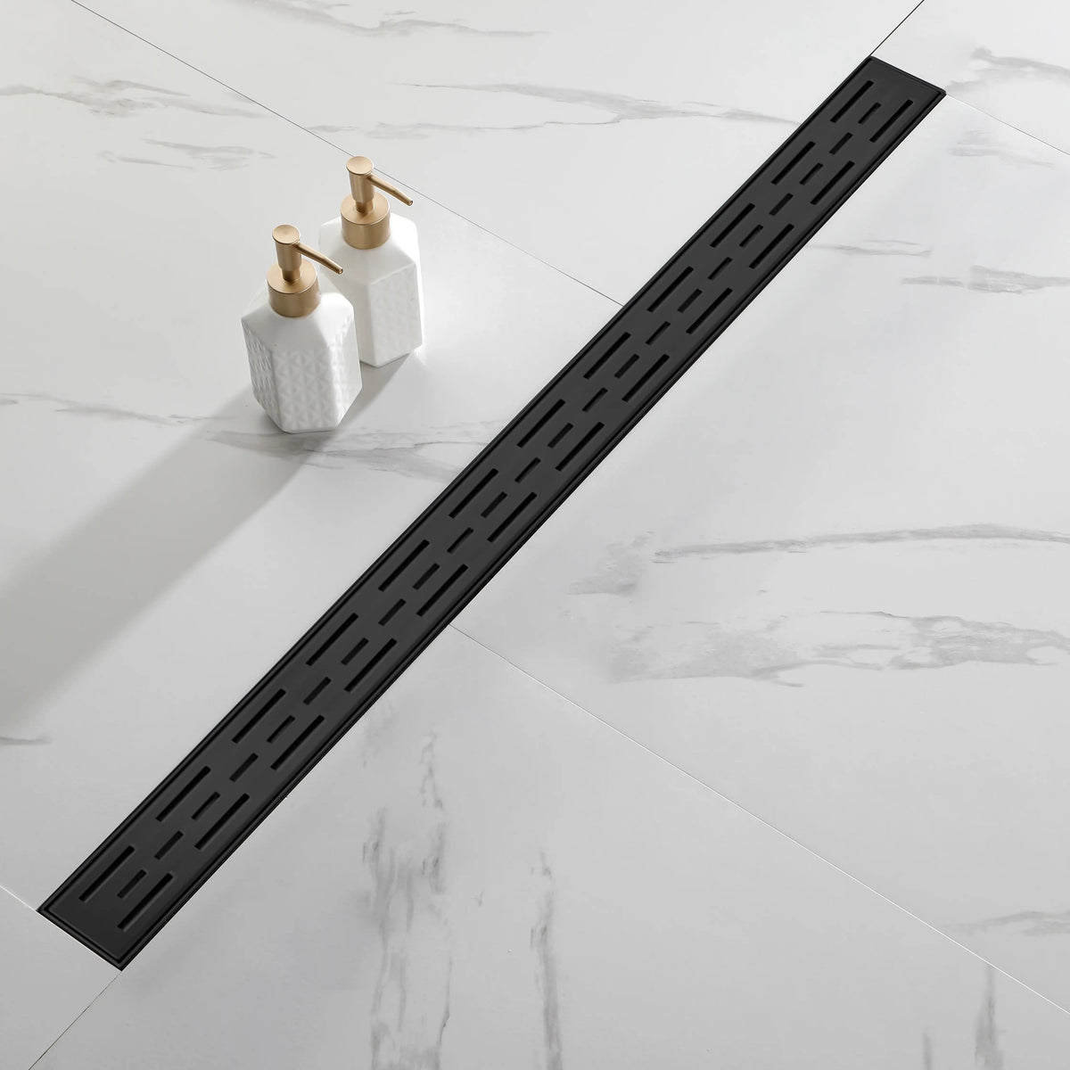 Linear Shower Drain with Brick Pattern Grate Cover and Hair Strainer in 304 Stainless Steel