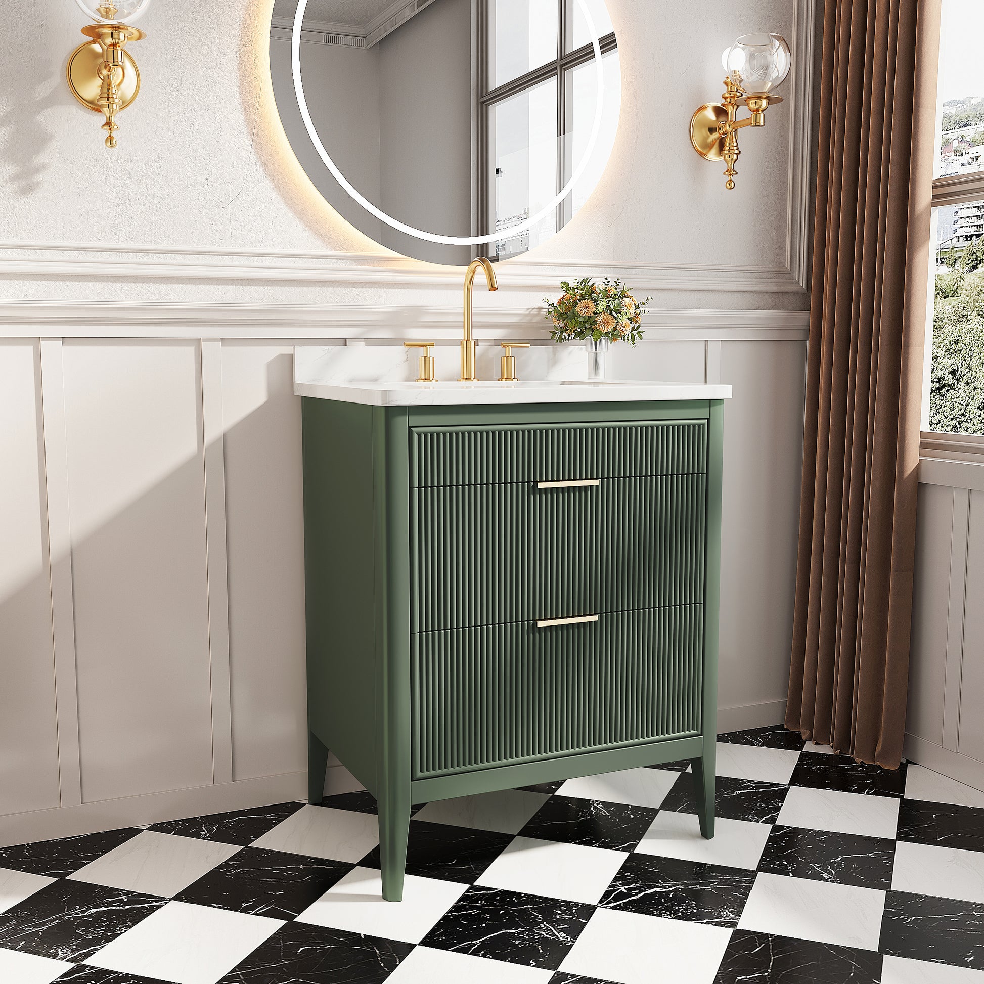 30"/36"/48" Freestanding Single Sink Bathroom Vanity with Solid Wood Construction & Marble Top