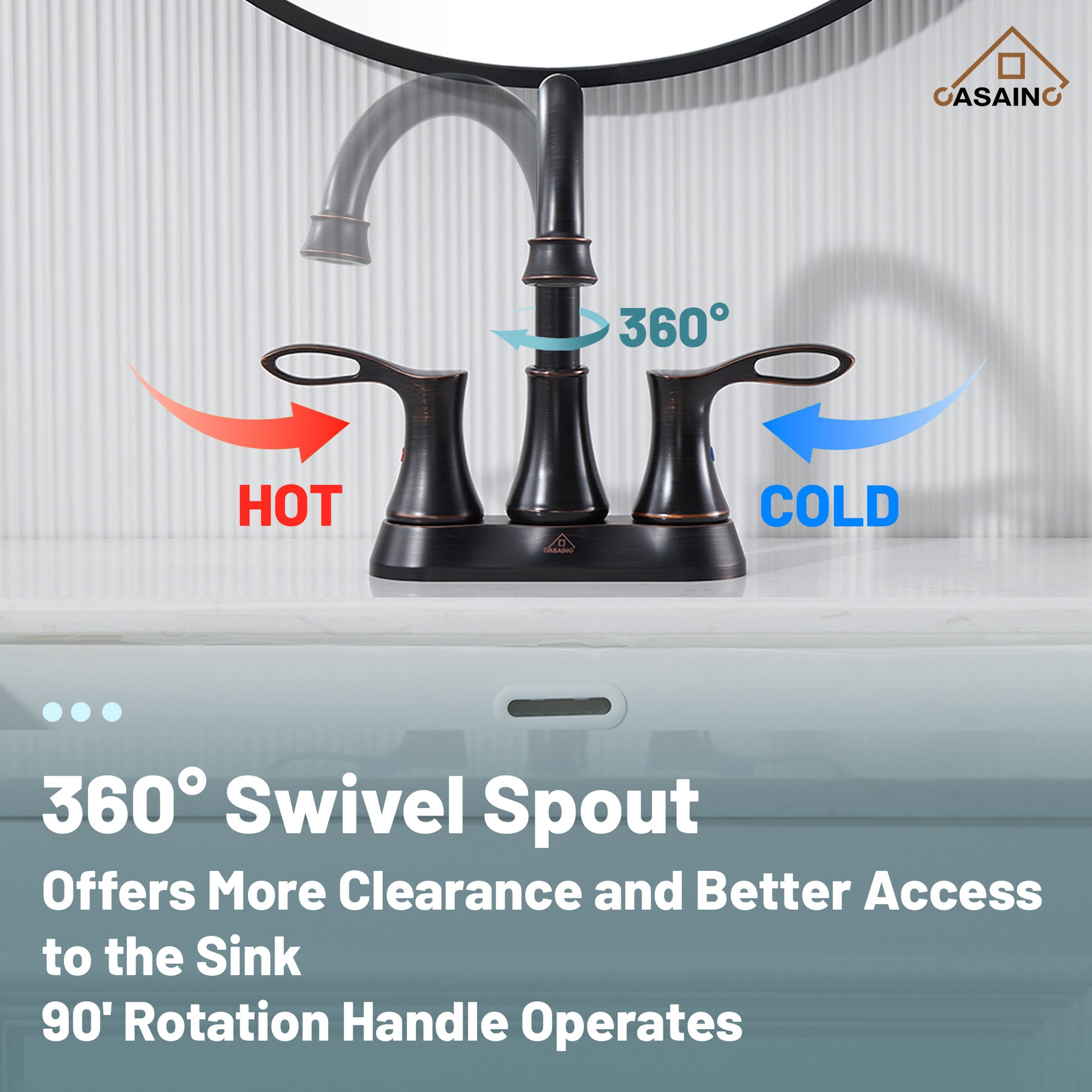Casainc 4 Inch 2-Handle Centerset Bathroom Sink Faucet 360° Swivel Spout Vanity Faucet