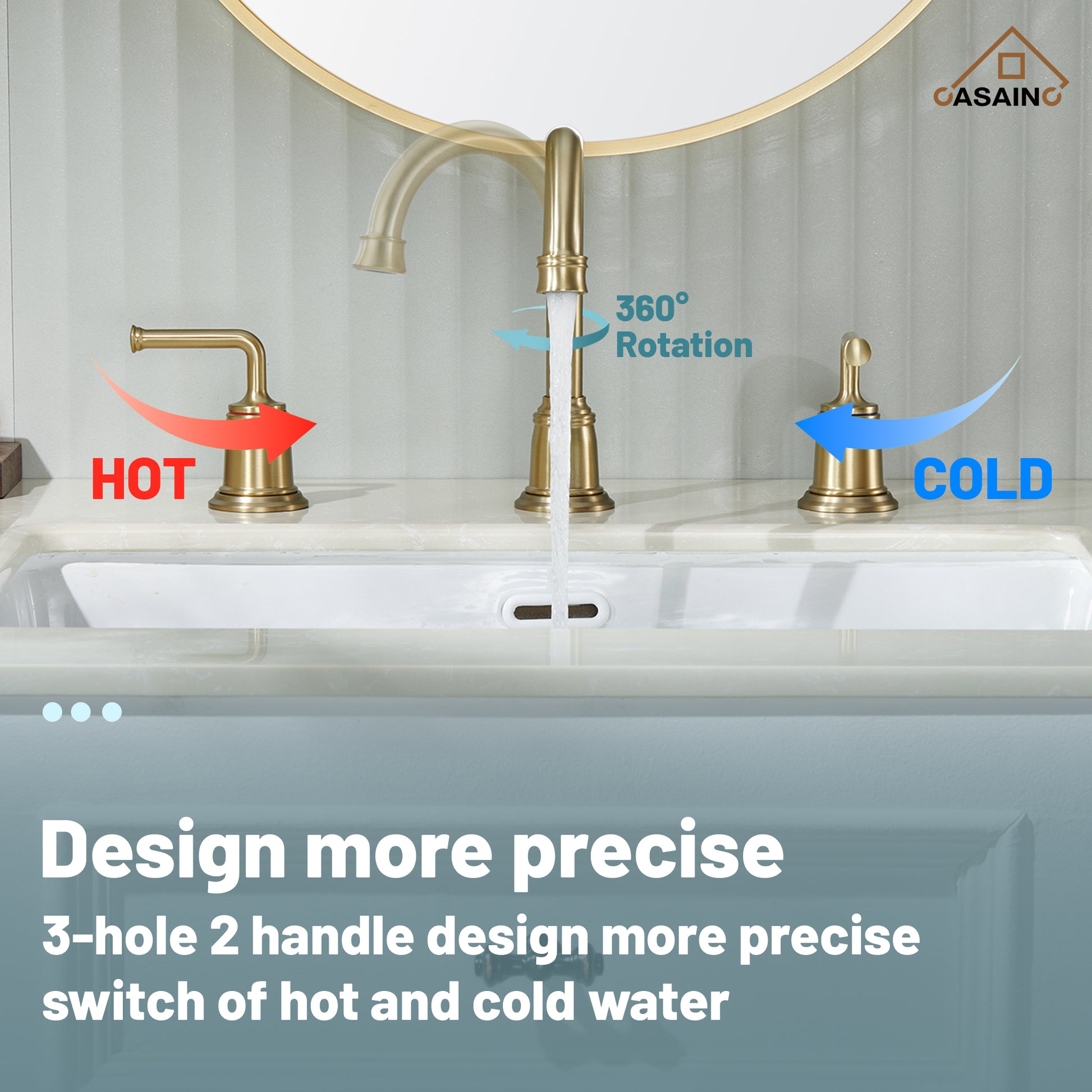 Casainc 8" Brass Bathroom Sink Faucet 2 Handle 3 Hole Gold Bathroom Faucet for Bathroom Sink with Pop-up Drain Assembly Widespread Vanity Faucets