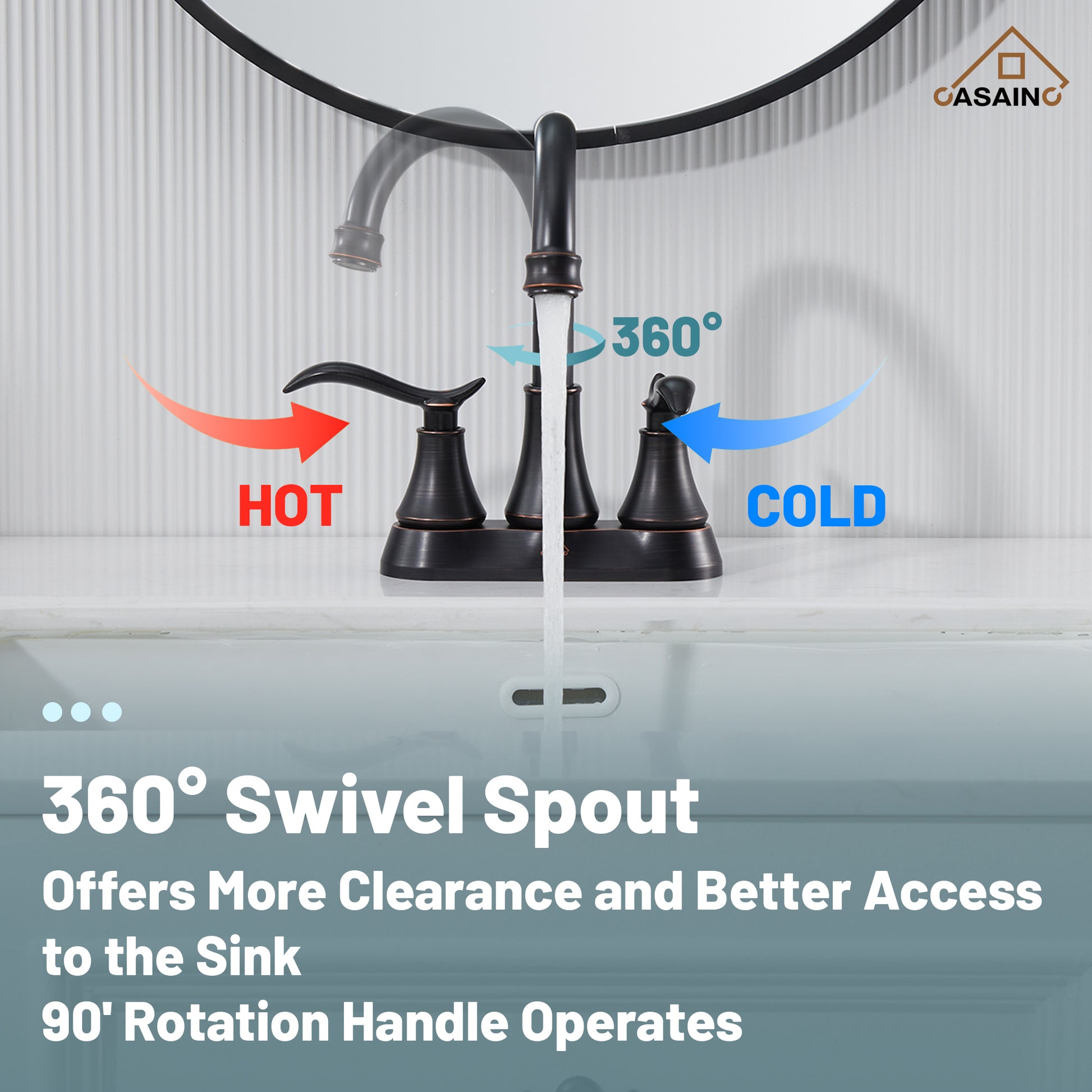 Casainc 2-Handle Centerset Bathroom Faucet for Bathroom Sink Vanity Faucet 360° Swivel Spout