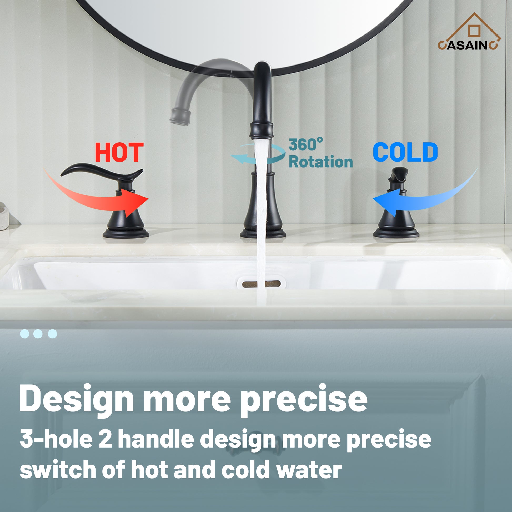 Casainc 8" Brass Bathroom Sink Faucet 2 Handle 3 Hole Gold Bathroom Faucet for Bathroom Sink with Pop-up Drain Assembly Widespread Vanity Faucets 360° Swivel Spout