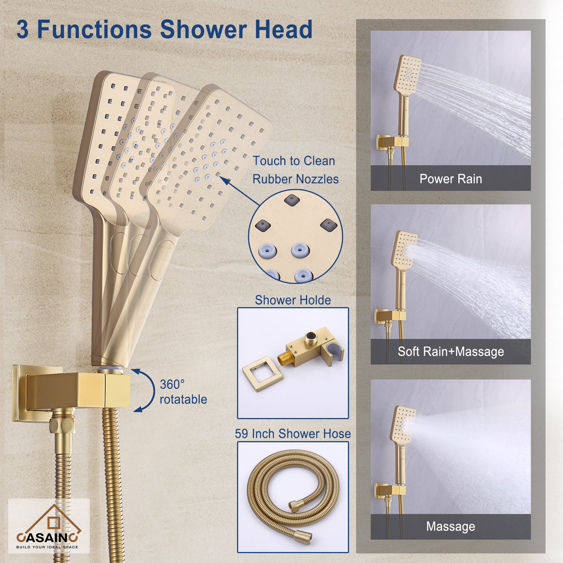 10" Brushed Gold Shower System Wall/Ceiling Mount Rain Shower System