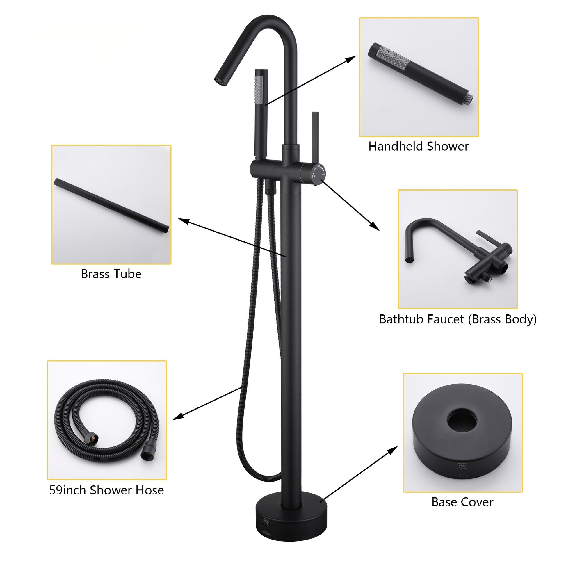 Solid Brass Floor Mount Bathtub Faucet with Hand Shower and High Arc Spout