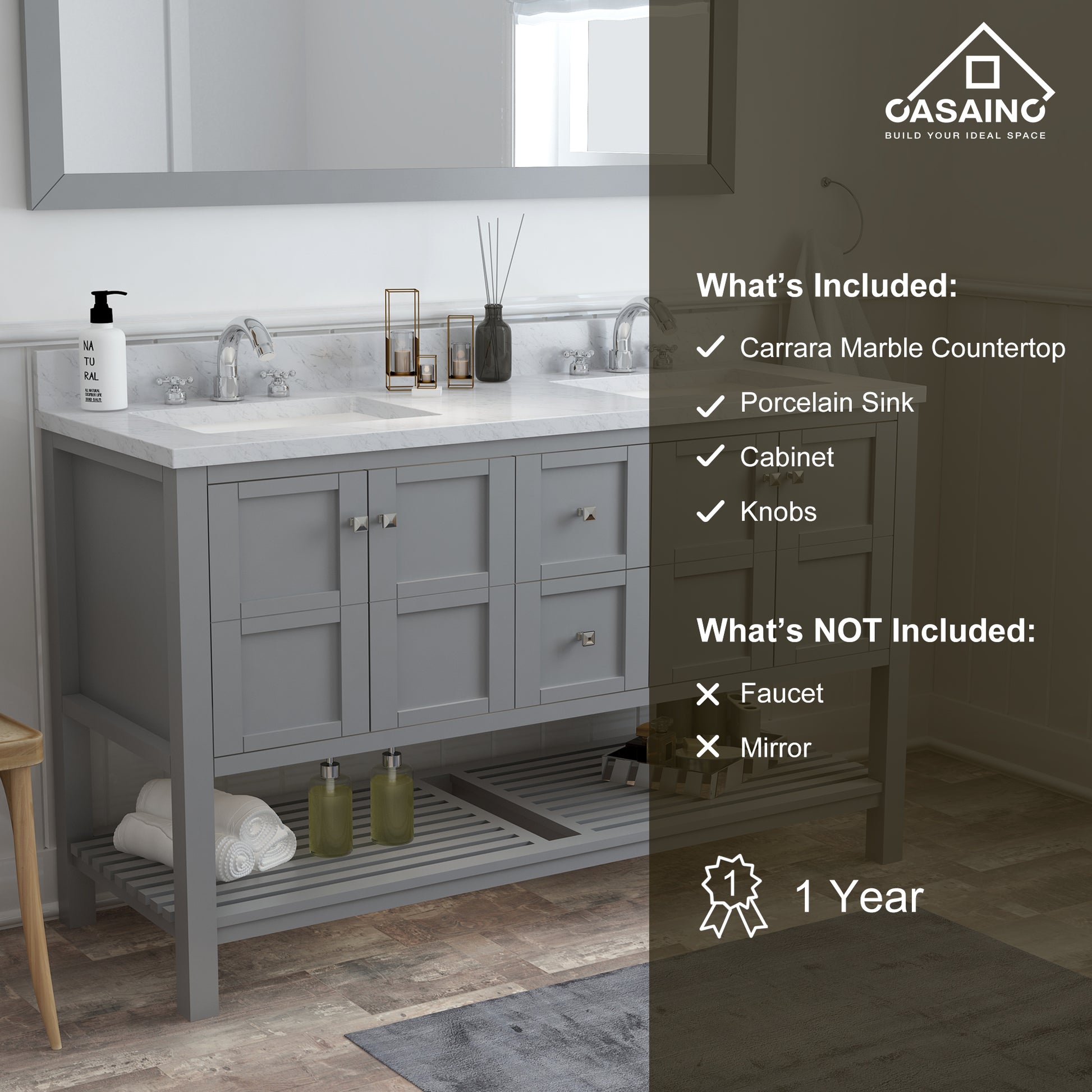 CASAINC Bathroom Vanity 60 x 22 x 35.4 with 1.2" Thickness Countertop & Backsplash, Bothe Side Rectangular Sink, 4 Soft Closing Doors, 2 Dove Tail Drawer Construction, Soft Close Drawer Hinges, Gray, White (With Mirror)