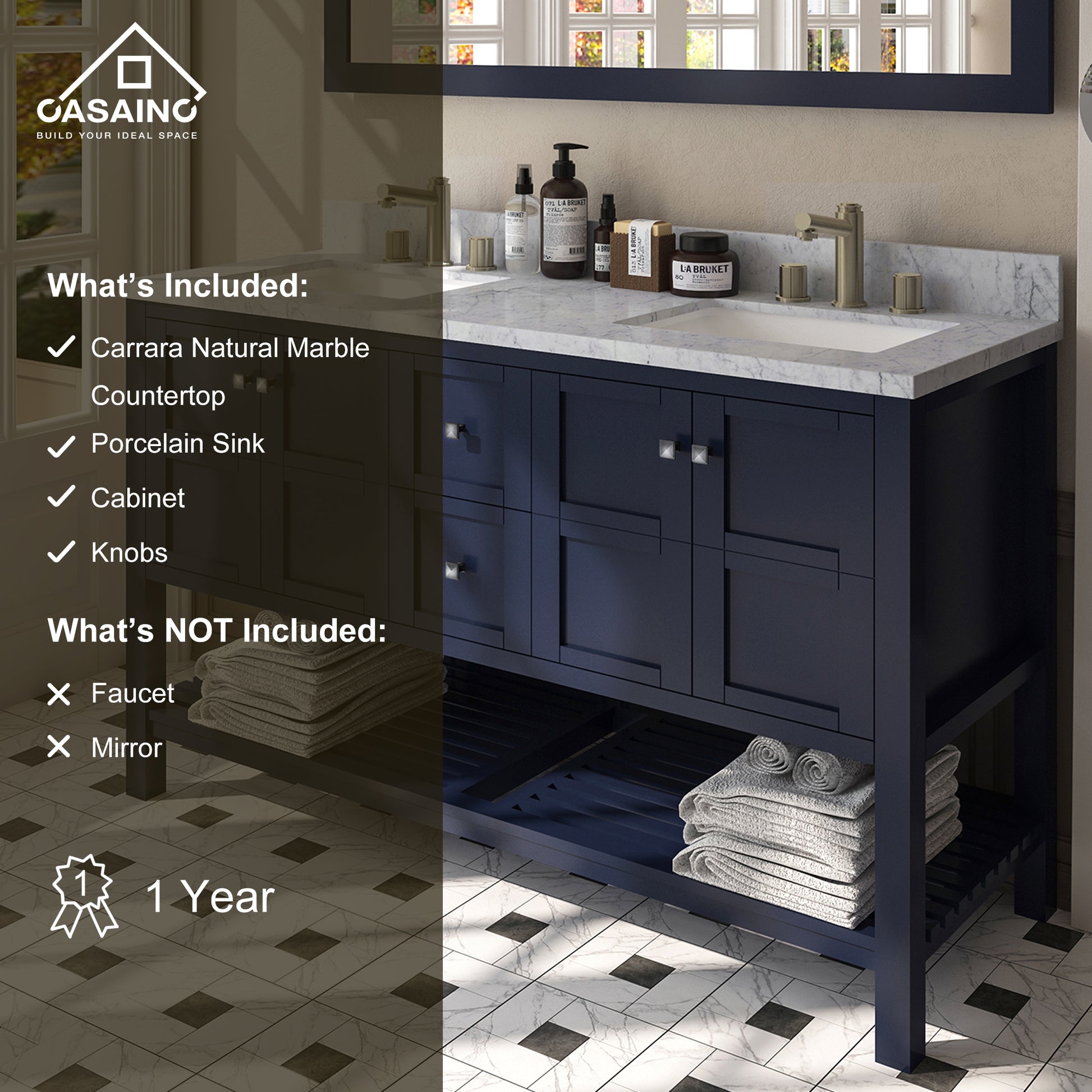 60 in. W x 22 in. D x 35.4 in. H Bath Vanity in Navy Blue with White Top and Basin