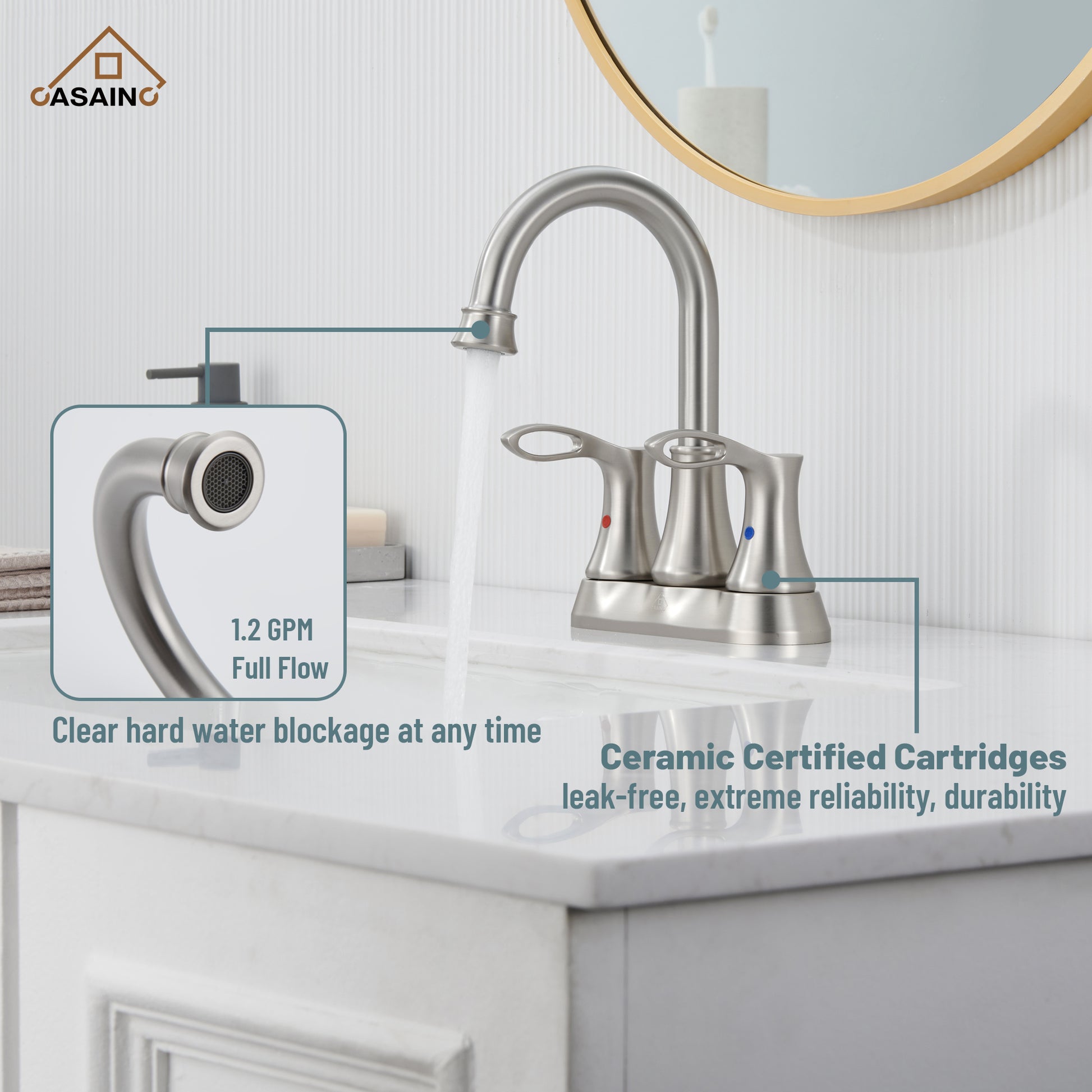 Casainc 4 Inch 2-Handle Centerset Bathroom Sink Faucet 360° Swivel Spout Vanity Faucet
