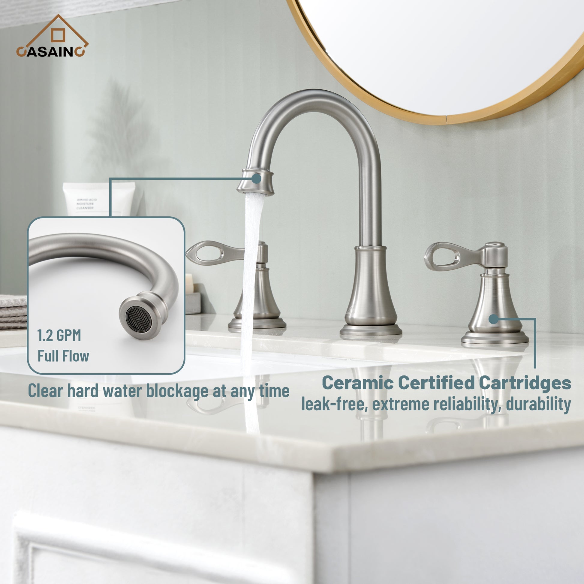 Casainc 8" Brass Bathroom Sink Faucet 3 Hole Gold Bathroom Faucet  2 Handle Gold Faucet for Bathroom Sink with Pop-up Drain Assembly Widespread Vanity Faucets