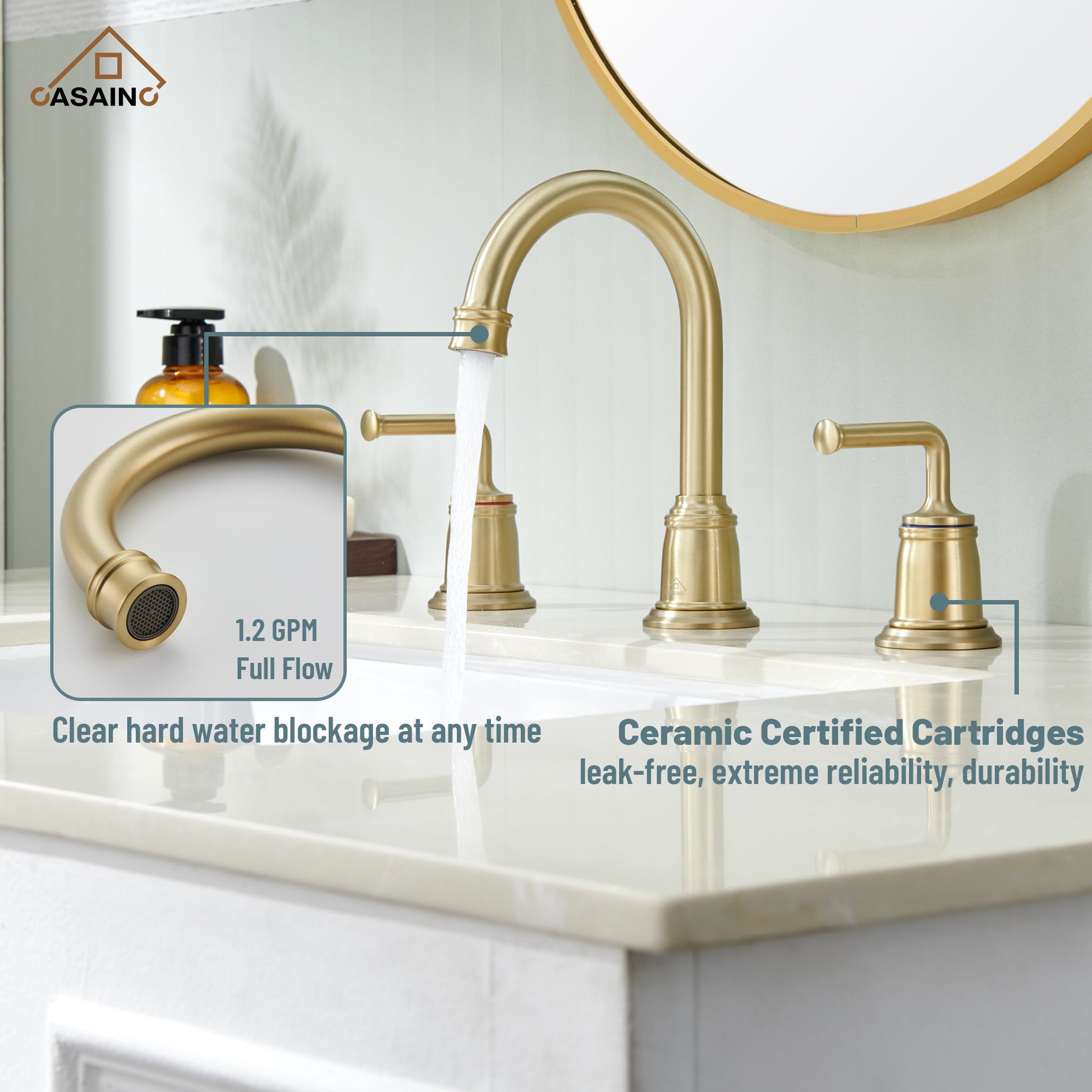 Casainc 8" Brass Bathroom Sink Faucet 2 Handle 3 Hole Gold Bathroom Faucet for Bathroom Sink with Pop-up Drain Assembly Widespread Vanity Faucets