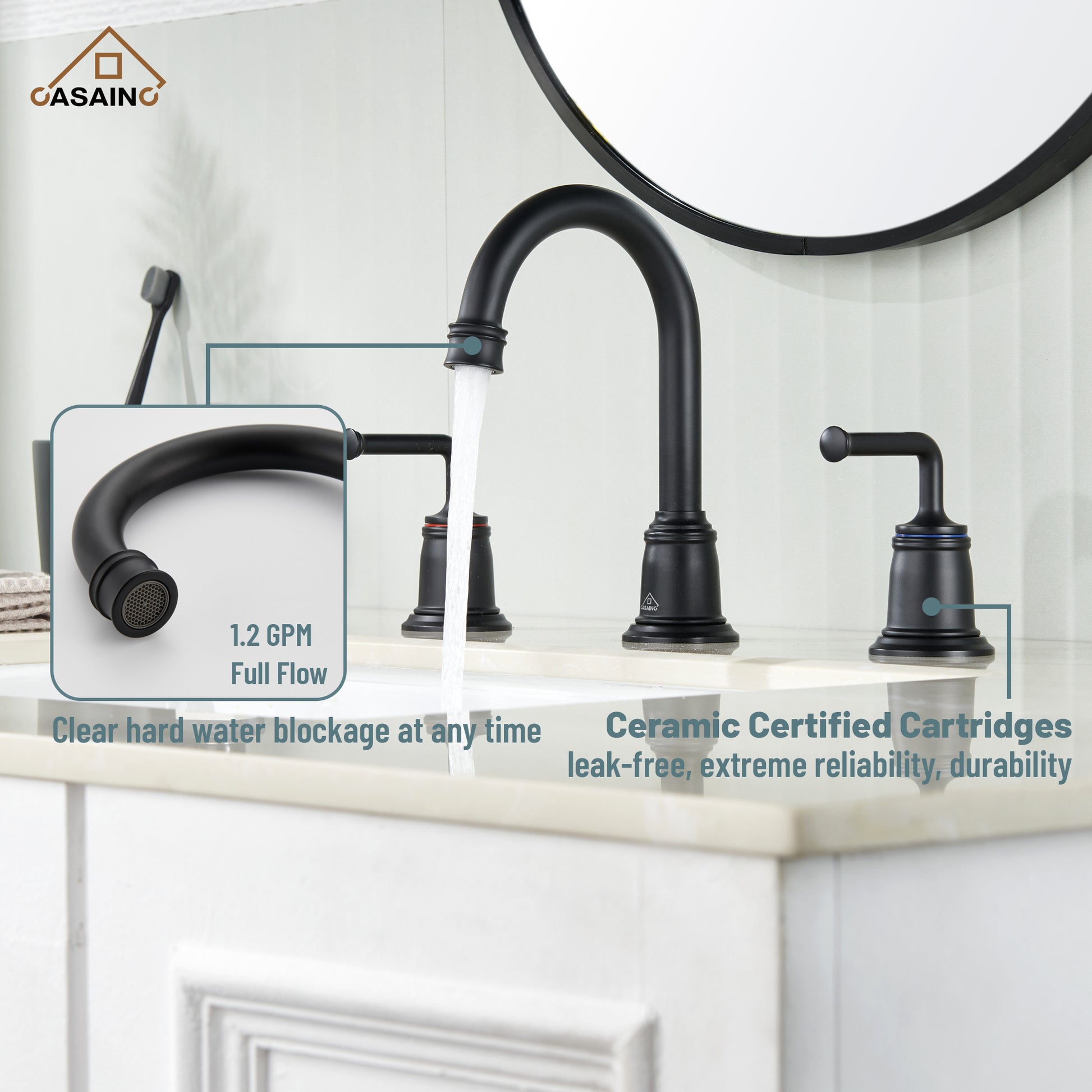 Casainc 8" Brass Bathroom Sink Faucet 2 Handle 3 Hole Gold Bathroom Faucet for Bathroom Sink with Pop-up Drain Assembly Widespread Vanity Faucets