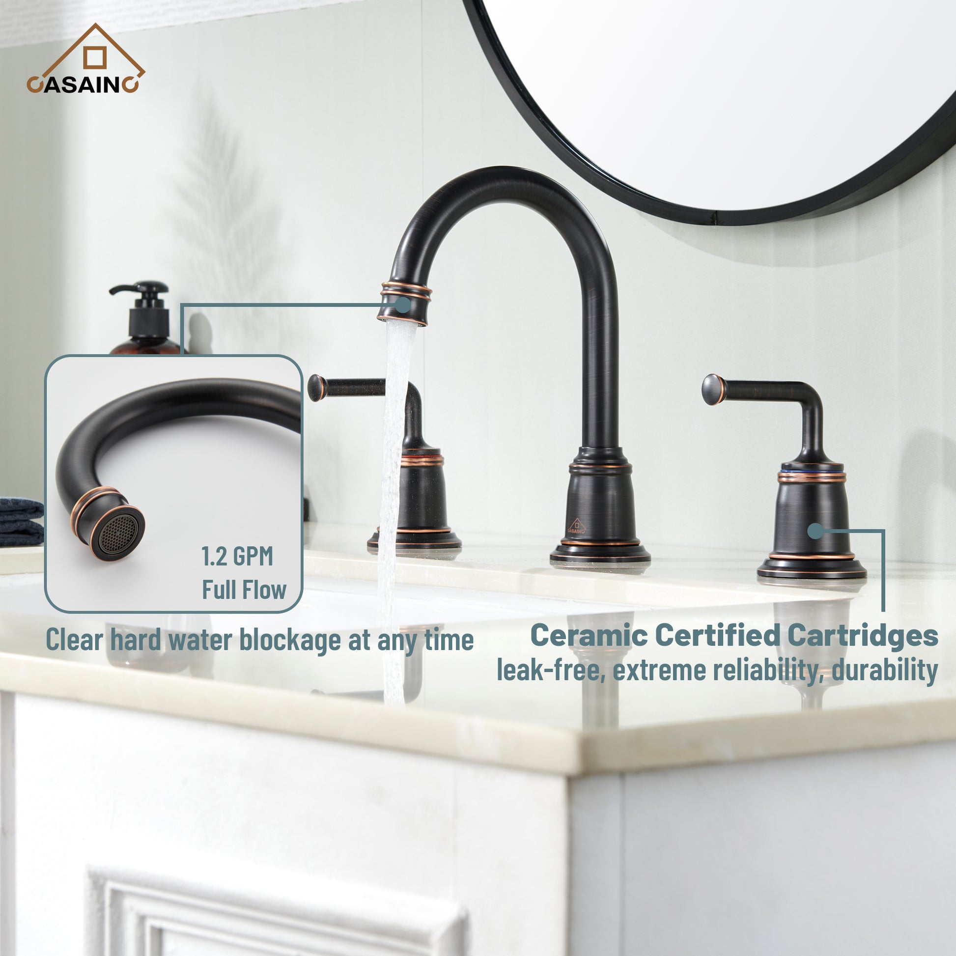 Casainc 8" Brass Bathroom Sink Faucet 2 Handle 3 Hole Gold Bathroom Faucet for Bathroom Sink with Pop-up Drain Assembly Widespread Vanity Faucets