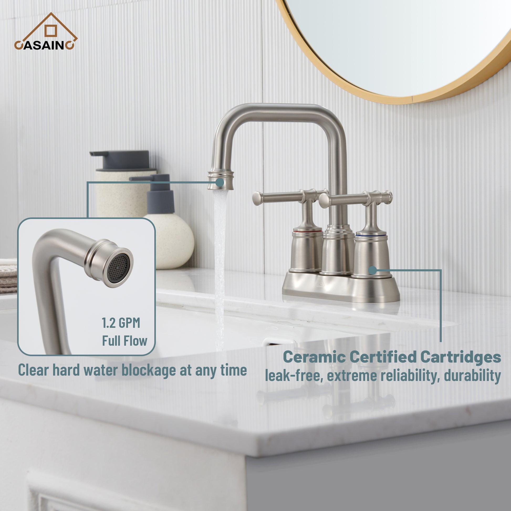 Casainc 4 Inch 2-Handle Centerset for Bathroom Sink Vanity Faucet 360° Swivel Spout