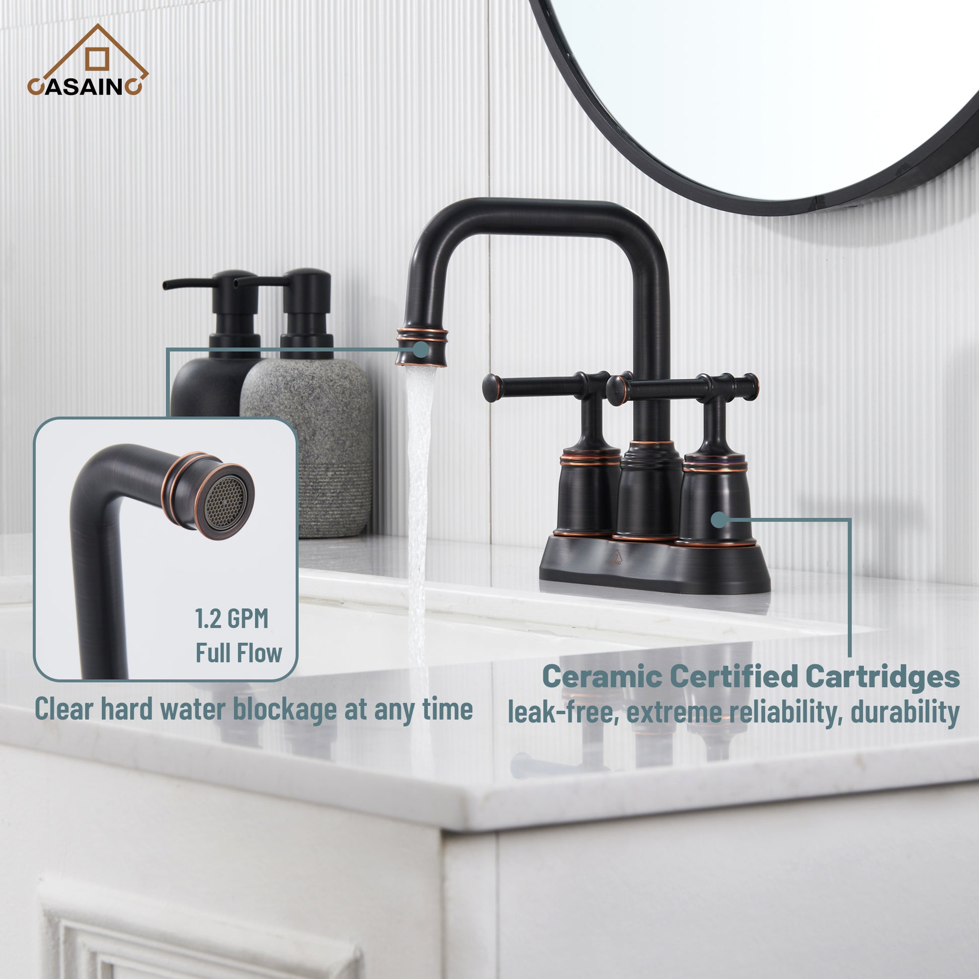 Casainc 4 Inch 2-Handle Centerset for Bathroom Sink Vanity Faucet 360° Swivel Spout