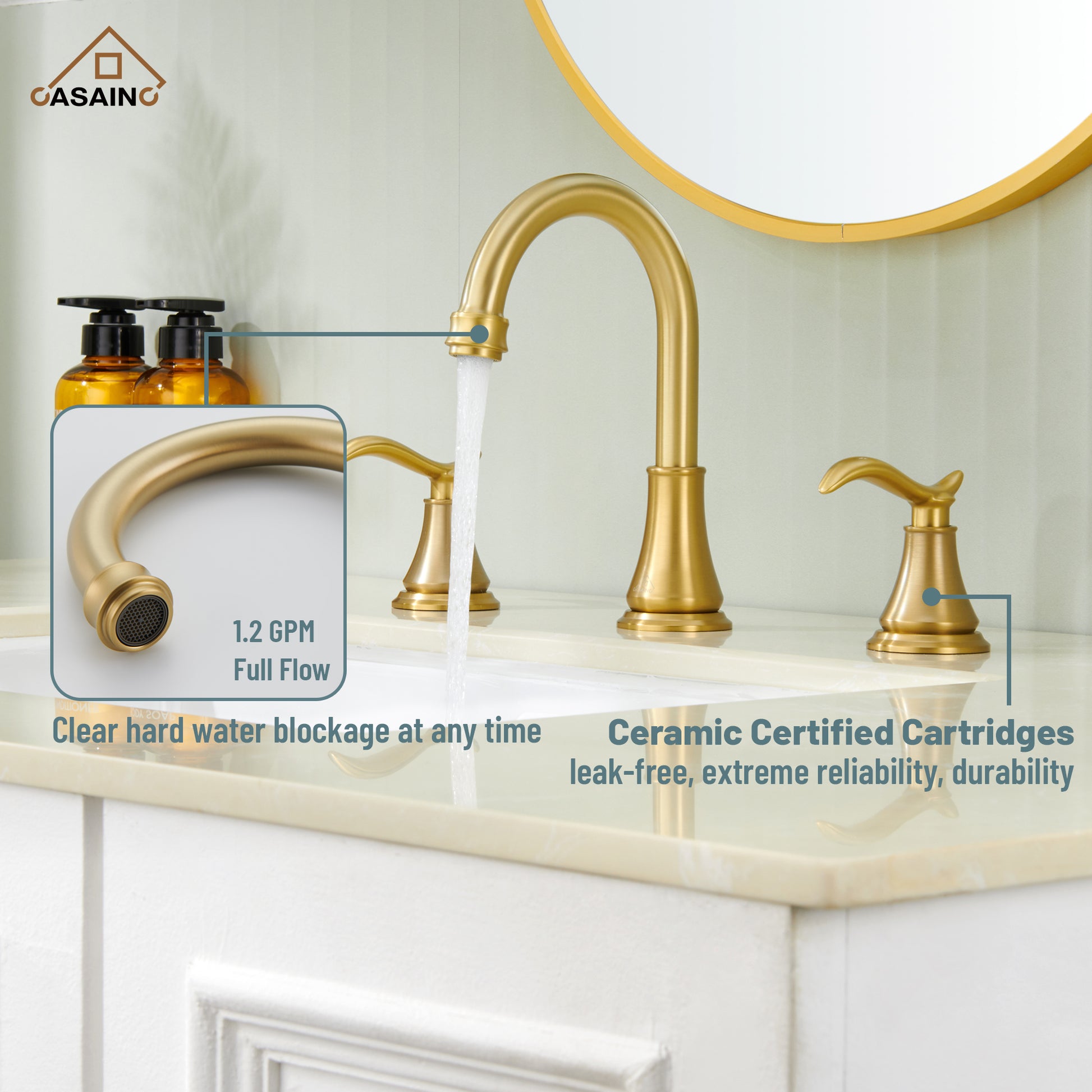 Casainc 8" Brass Bathroom Sink Faucet 2 Handle 3 Hole Gold Bathroom Faucet for Bathroom Sink with Pop-up Drain Assembly Widespread Vanity Faucets 360° Swivel Spout