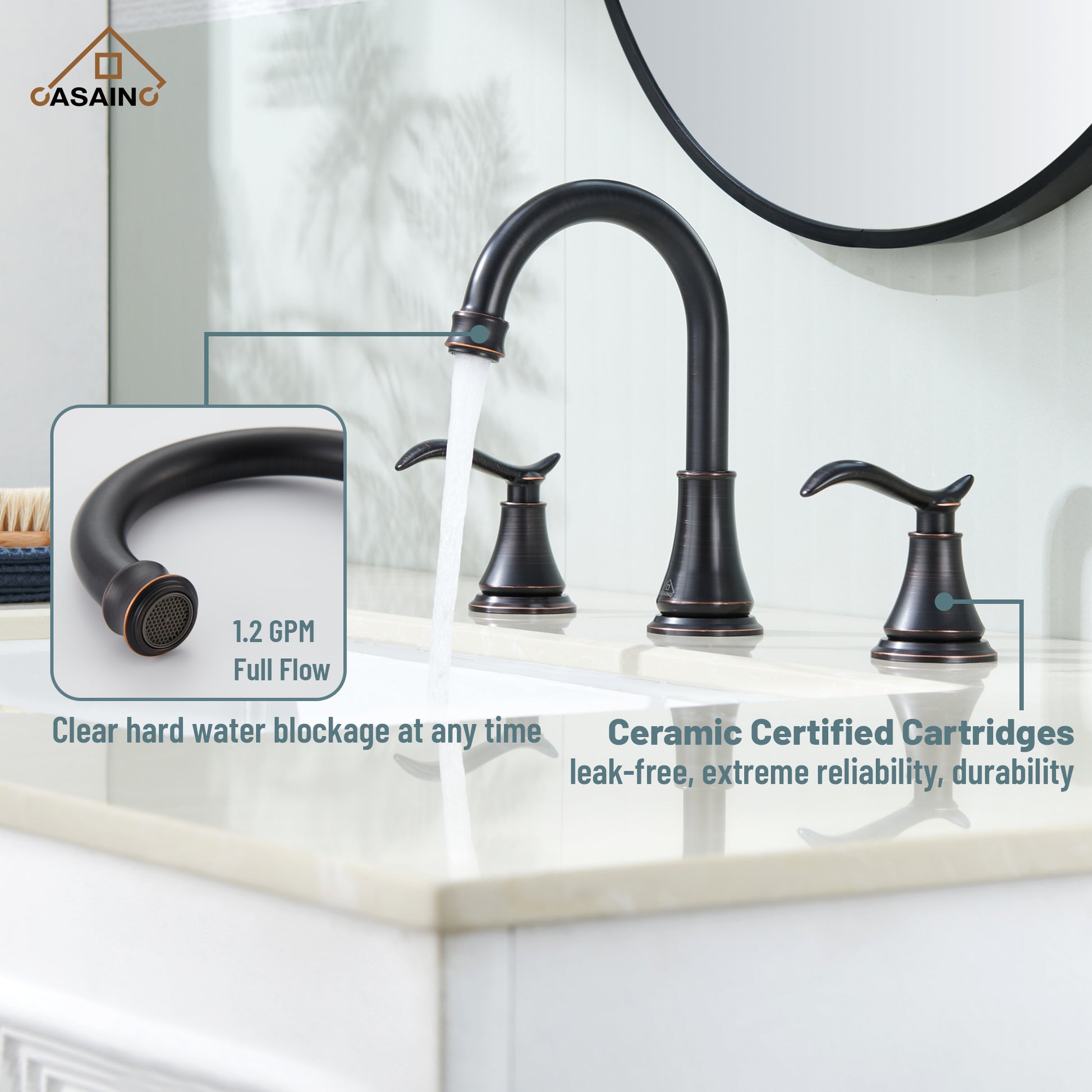 Casainc 8" Brass Bathroom Sink Faucet 2 Handle 3 Hole Gold Bathroom Faucet for Bathroom Sink with Pop-up Drain Assembly Widespread Vanity Faucets 360° Swivel Spout