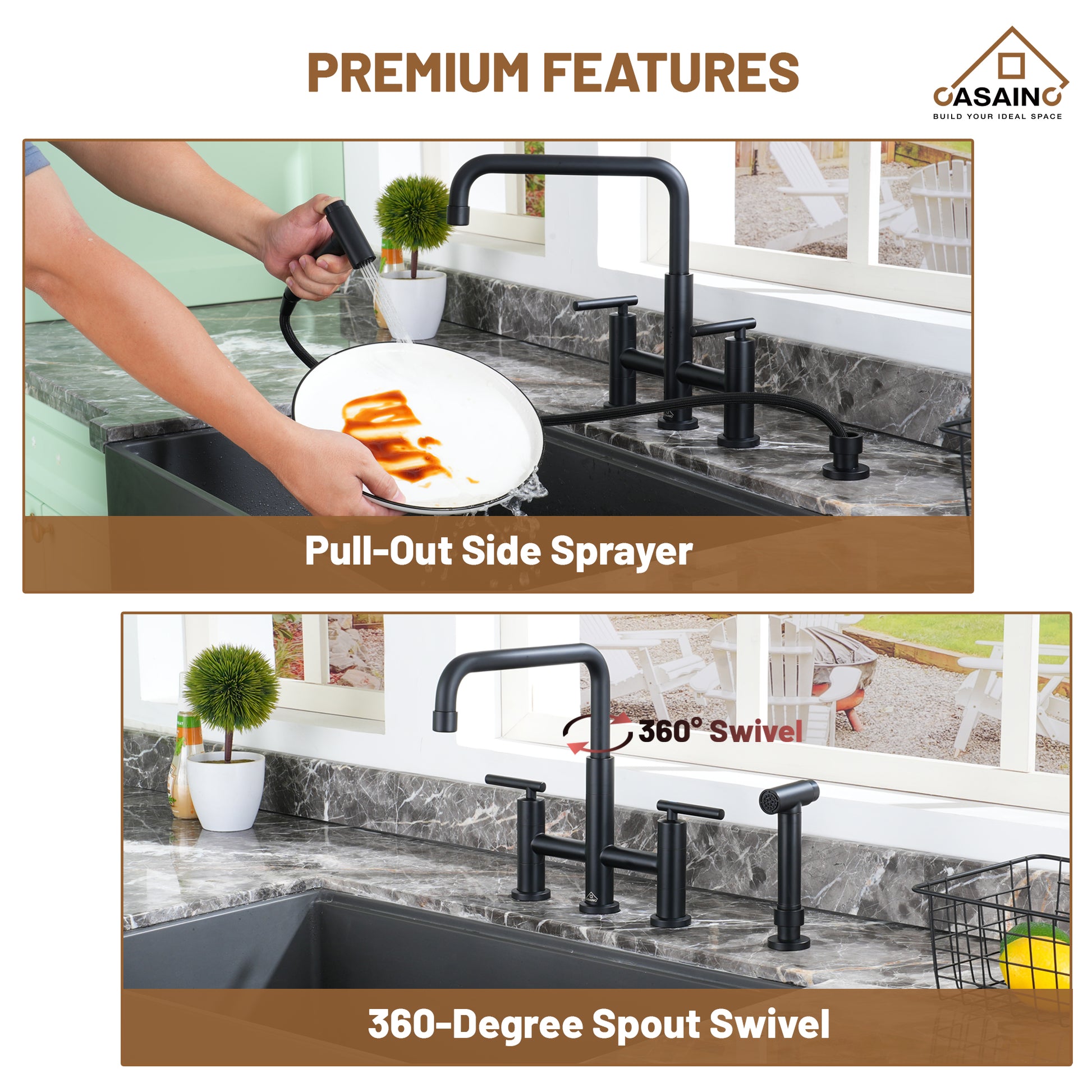 2-Handle Bridge Kitchen Faucet with Pull-Out Side Sprayer in Matte Black/Brushed Nickel/Brushed Gold