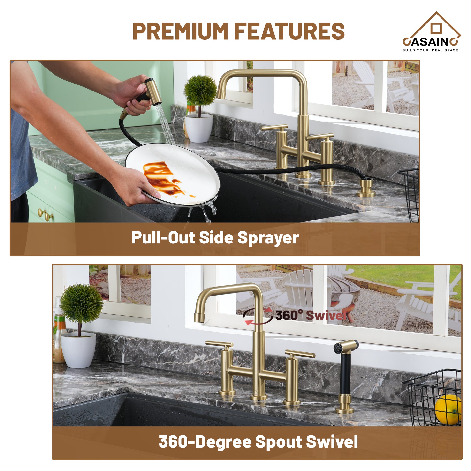 2-Handle Bridge Kitchen Faucet with Pull-Out Side Sprayer in Matte Black/Brushed Nickel/Brushed Gold