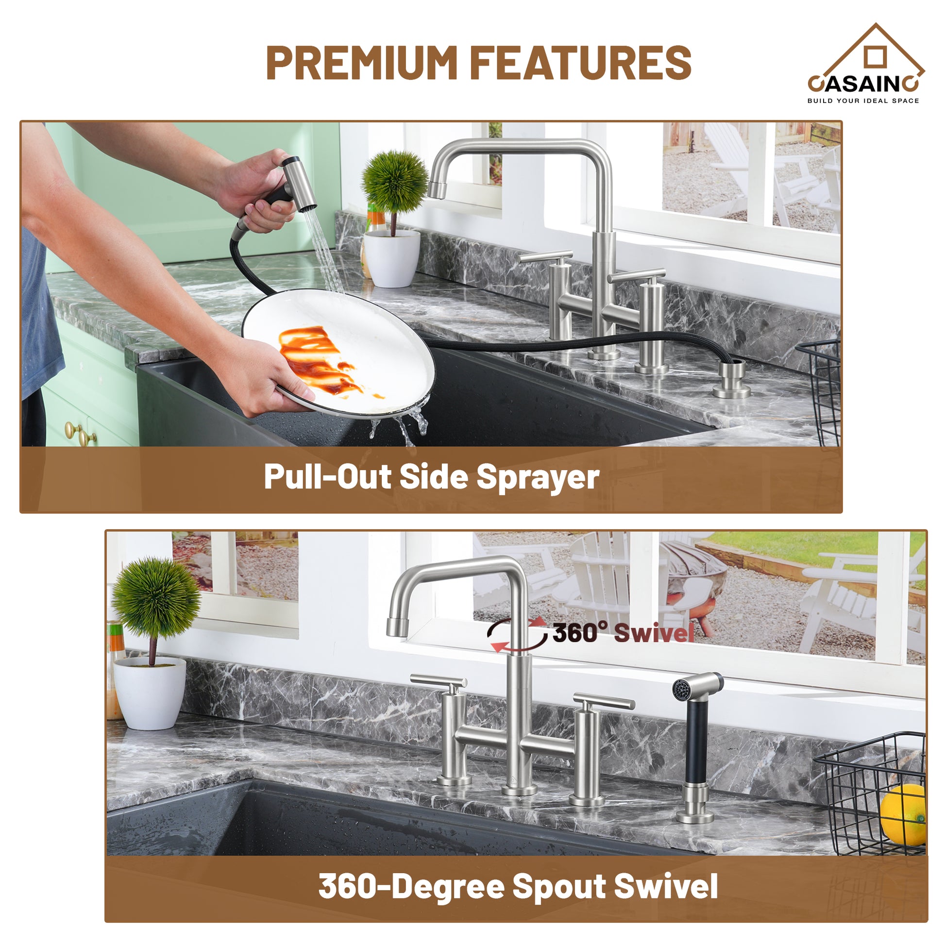 2-Handle Bridge Kitchen Faucet with Pull-Out Side Sprayer in Matte Black/Brushed Nickel/Brushed Gold