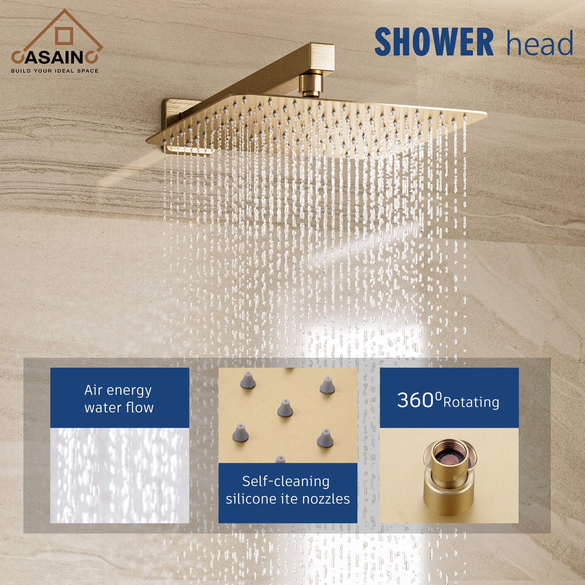 10" Brushed Gold Shower System Wall/Ceiling Mount Rain Shower System