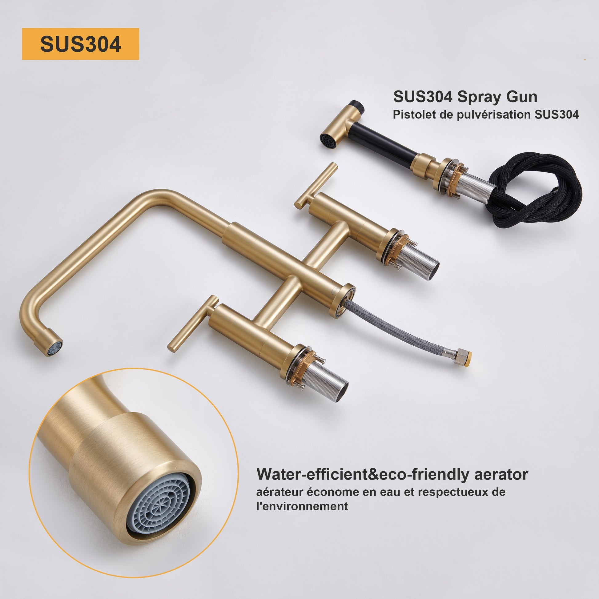 Pull-Down Bridge Kitchen Faucet with Double Handles & Bubbler Aerator