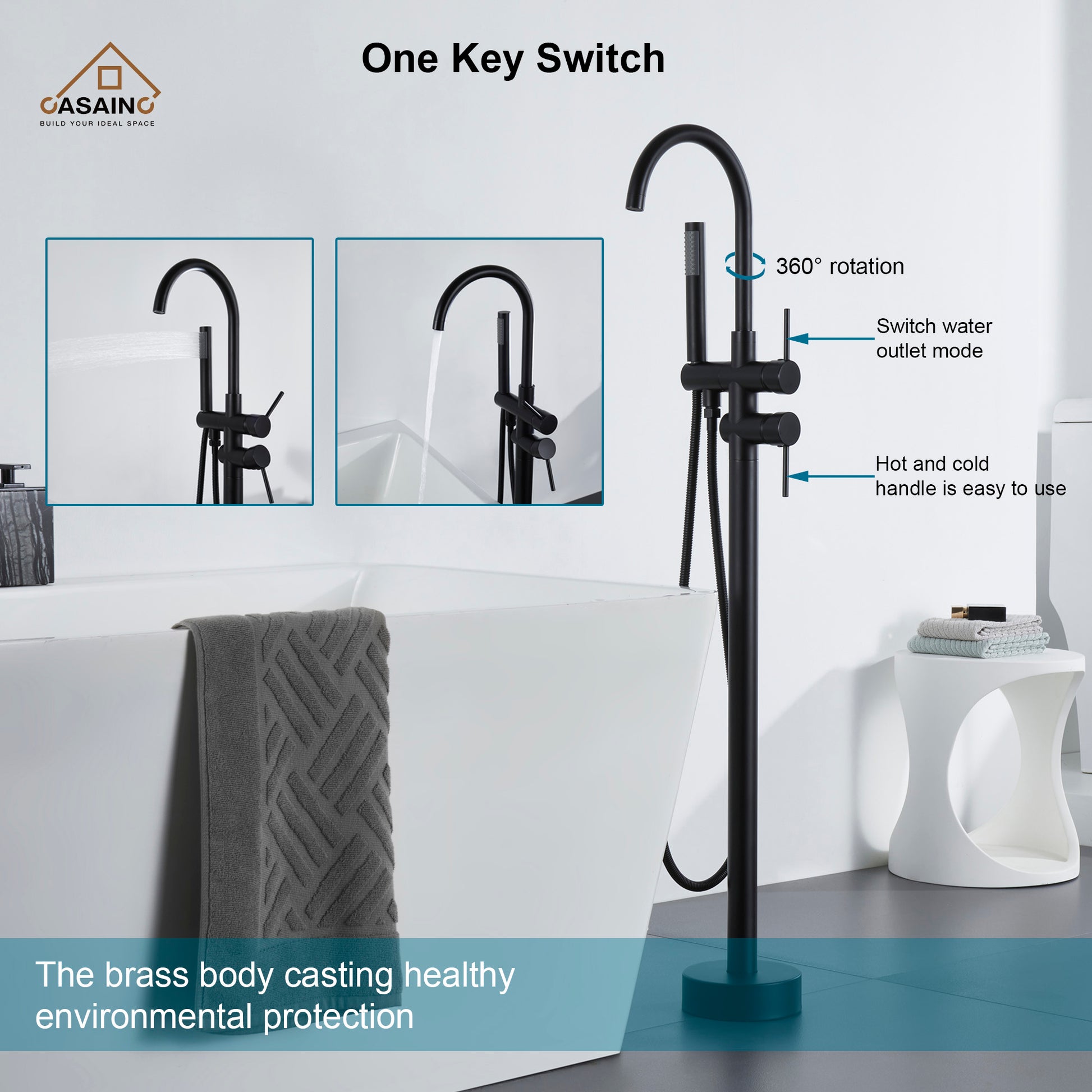 CASAINC Double-Handles Floor-Mount Freestanding Tub Filler with Handshower