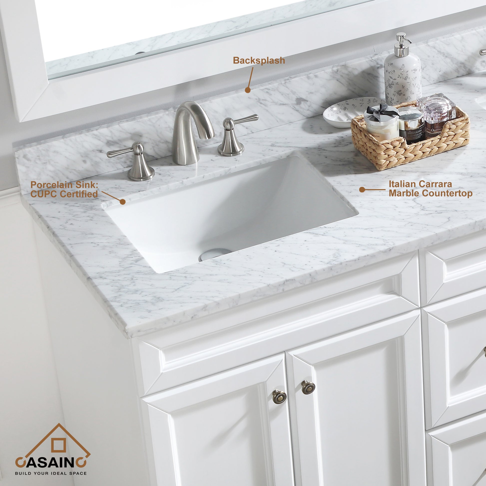 CASAINC 60" Solid Wood Bathroom Vanity with 1.2" Edge Italian Carrara Marble Countertop & Backsplash, Center Rectangular Sink, 4 Soft Closing Doors, 2 functional drawers, Grey, Matte White, Mirror, No Mirror