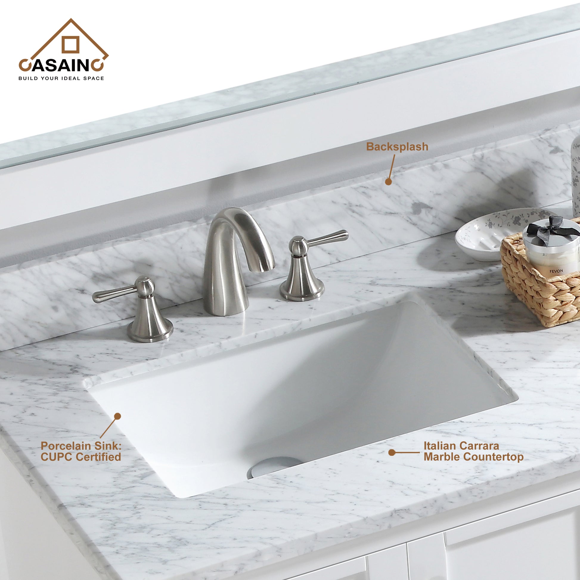 CASAINC Bathroom Vanity 60 x 22 x 35.4 with 1.2" Thickness Countertop & Backsplash, Bothe Side Rectangular Sink, 4 Soft Closing Doors, 2 Dove Tail Drawer Construction, Soft Close Drawer Hinges, Gray, White (With Mirror)
